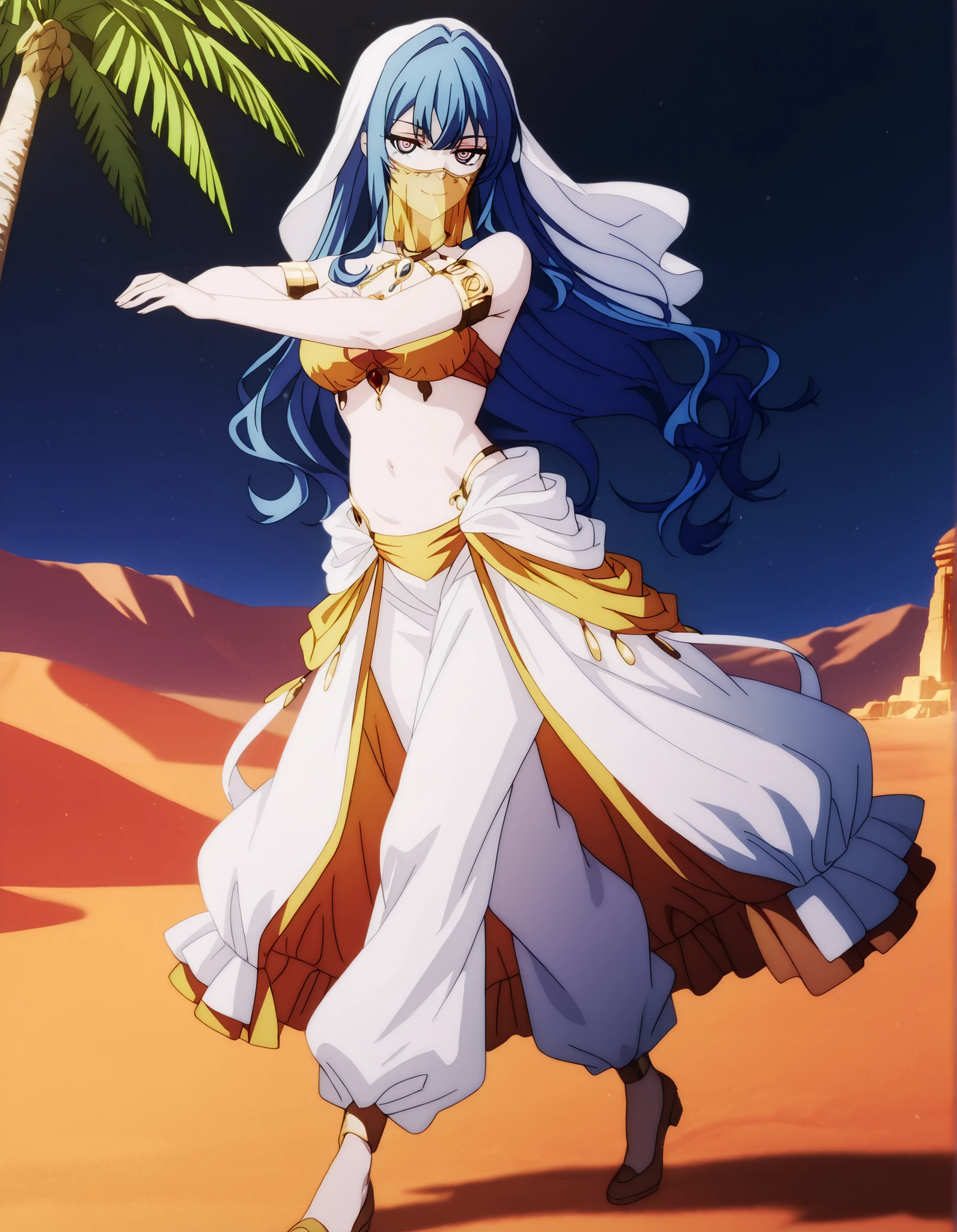 (1girl:1 . 5) , (Seul:1 . 5) , score_9 , score_8_haut , score_7_haut , source_anime , Official work  , ultra-detailed , masterpiece , best quality , high resolution , beaux yeux , detailed eyes , Detailed face , beautiful detailed eyes,1girl, long hair, blue hair, bangs, sidelocks, blue eyes, multicolored eyes, pink eyes,Our Last Crusade,Mizerhyby Hydra Nebulis,Arabian Clothes , Arabian Dancer Outfit ,belly dancer costume,belly dancer outfit ,full body,golden jewelery,mouth veil,armlet,belly dancing,night,desert lands,palm tree,seductive smile, dancing with veil, dynamic movement,dance posture,  pose