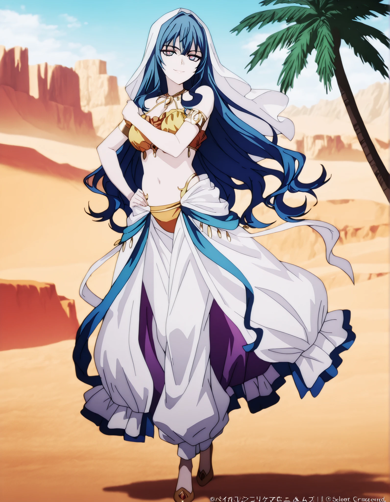 (1girl:1 . 5) , (Seul:1 . 5) , score_9 , score_8_haut , score_7_haut , source_anime , Official work  , ultra-detailed , masterpiece , best quality , high resolution , beaux yeux , detailed eyes , Detailed face , beautiful detailed eyes,1girl, long hair, blue hair, bangs, sidelocks, blue eyes, multicolored eyes, pink eyes,Our Last Crusade,Mizerhyby Hydra Nebulis,Arabian Clothes , Arabian Dancer Outfit ,belly dancer costume,belly dancer outfit ,full body,golden jewelery,armlet,belly dancing,desert lands,palm tree,seductive smile, dancing with veil, dynamic movement,dance posture,  pose