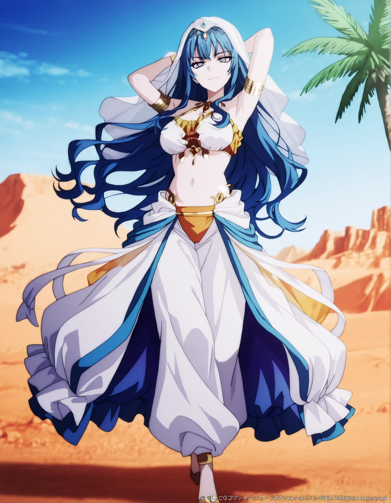 (1girl:1 . 5) , (Seul:1 . 5) , score_9 , score_8_haut , score_7_haut , source_anime , Official work , ultra-detailed , masterpiece , best quality , high resolution , beaux yeux , detailed eyes , Detailed face , beautiful detailed eyes,1girl, long hair, blue hair, bangs, sidelocks, blue eyes, multicolored eyes, pink eyes,Our Last Crusade,Mizerhyby Hydra Nebulis,Arabian Clothes , Arabian Dancer Outfit ,belly dancer costume,belly dancer outfit ,full body,golden jewelery,armlet,belly dancing,desert lands,palm tree,seductive smile, dancing with veil, dynamic movement,dance posture, pose
