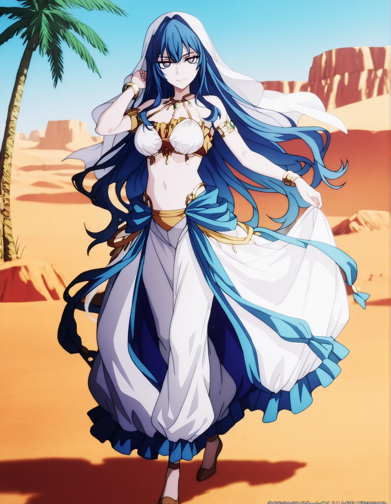 (1girl:1 . 5) , (Seul:1 . 5) , score_9 , score_8_haut , score_7_haut , source_anime , Official work  , ultra-detailed , masterpiece , best quality , high resolution , beaux yeux , detailed eyes , Detailed face , beautiful detailed eyes,1girl, long hair, blue hair, bangs, sidelocks, blue eyes, multicolored eyes, pink eyes,Our Last Crusade,Mizerhyby Hydra Nebulis,Arabian Clothes , Arabian Dancer Outfit ,belly dancer costume,belly dancer outfit ,full body,golden jewelery,armlet,belly dancing,desert lands,palm tree,seductive smile, dancing with veil, dynamic movement,dance posture,  pose