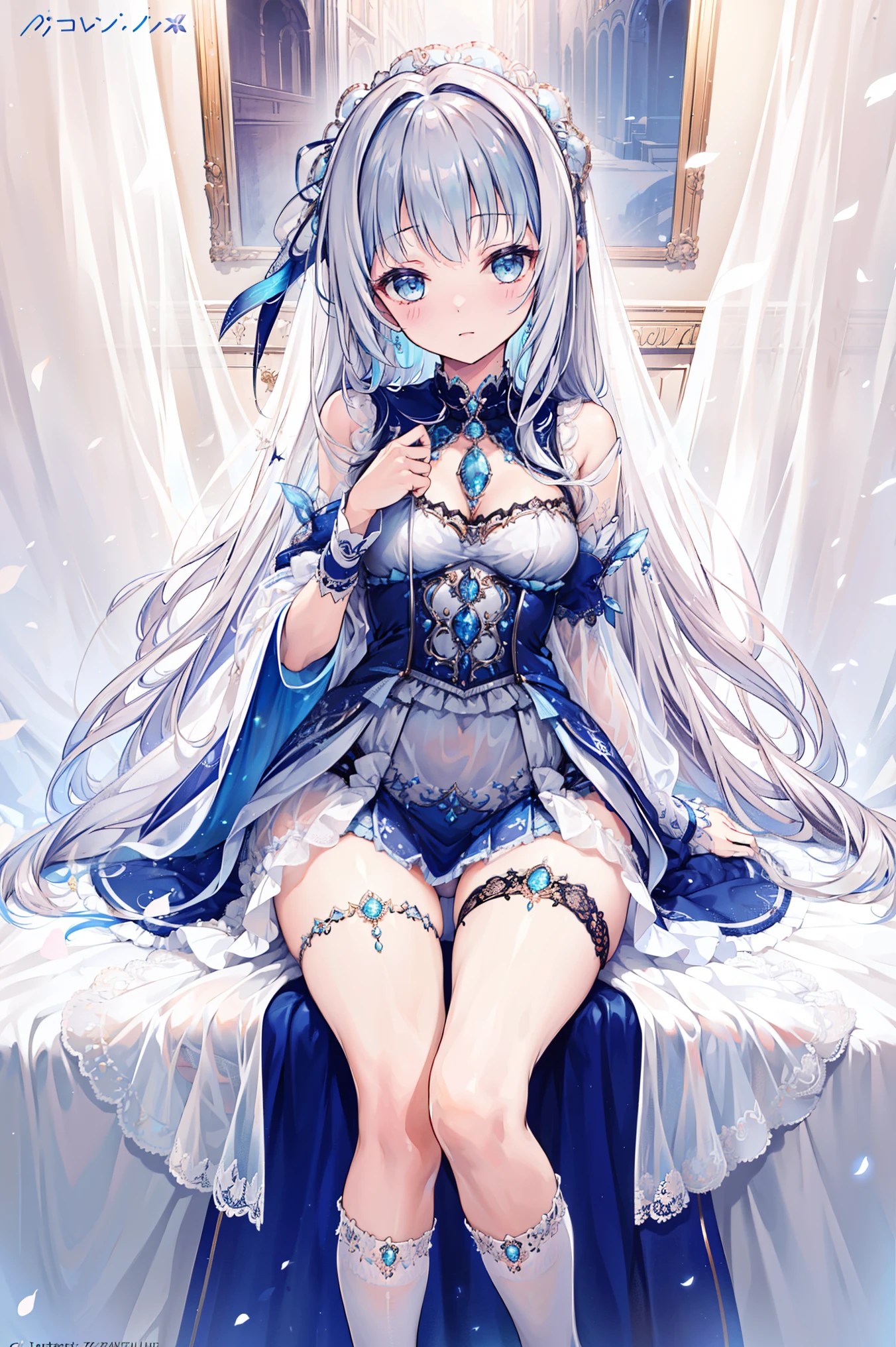 ( Extremely Detailed CG Collection ), Detailed Outfit ,Lolita, A Masterpiece After Sex, extremely delicate and beautiful, , 1 girl,Tiny Curves, silver thigh strap, Foot socks, see-through shawl, light blue shawl, embroidery,