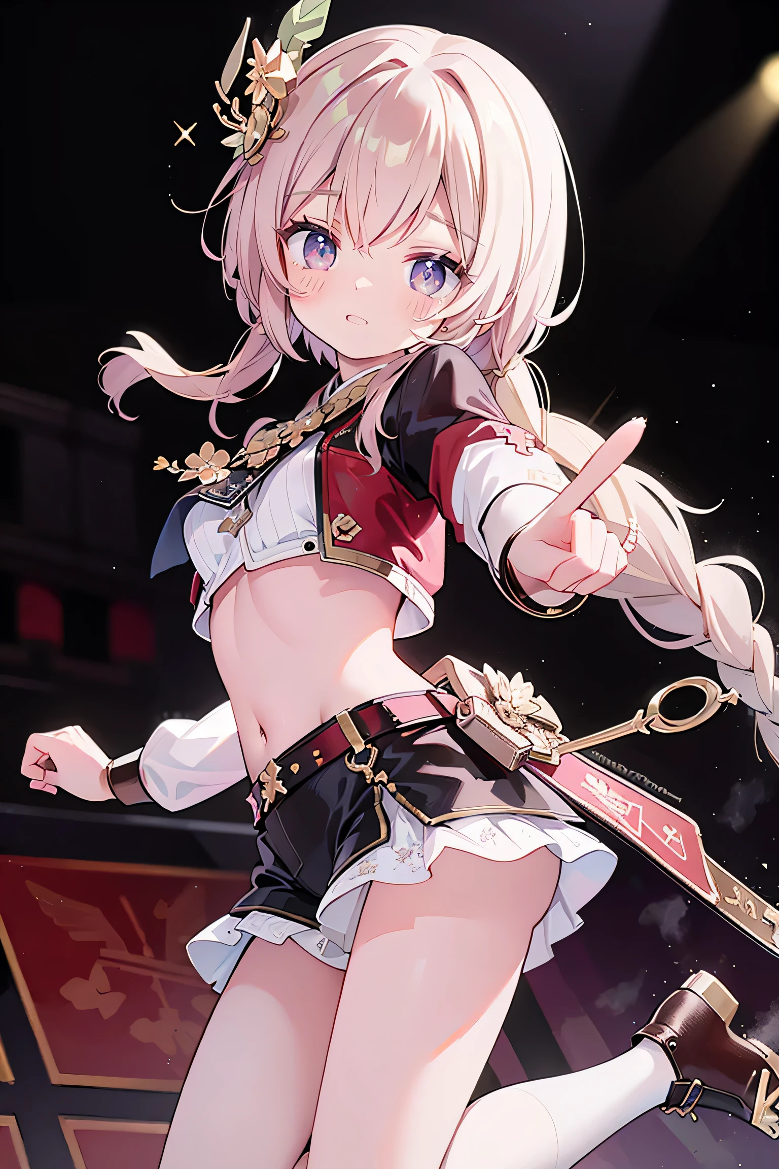 best quality ，Ultradetailliert ， nice face ， Meisterwerk、 Meisterwerk, erstklassig, 
Meisterwerk, best quality, amazing quality, (genauer Stil), (detailed face), Genaues Gesicht, Treffende Augen, genaue Farben, detaillierte Augen, Rum1KP0P, lange lila Haare, only 1 very long purple braided braid,Pony, braune Augen,  1 girl, Allein, 3d, Gelbe Jacke, Cropped Jacke, schwarze Shorts, Bauch, red belt, white crop top, Schmuck, Stiefel, Holds wand in right hand, dynamische pose, dramatic perspective, Low angle view, Cowboy-Schuss, light blue crop top with 3 quarter angles, on stage, Publikum, Betrachter ansehen, very sweet smiling, happy smile, Elegant,  very thin legs, dark background narrow  , schmale Beine, aufspringen , extremely detailed,  best quality ，Ultradetailliert ， nice face ， Meisterwerk、 Meisterwerk, erstklassig, 1 girl in, A girl jumps, best quality , 1 girl in,aufspringen , dunkler Hintergrund