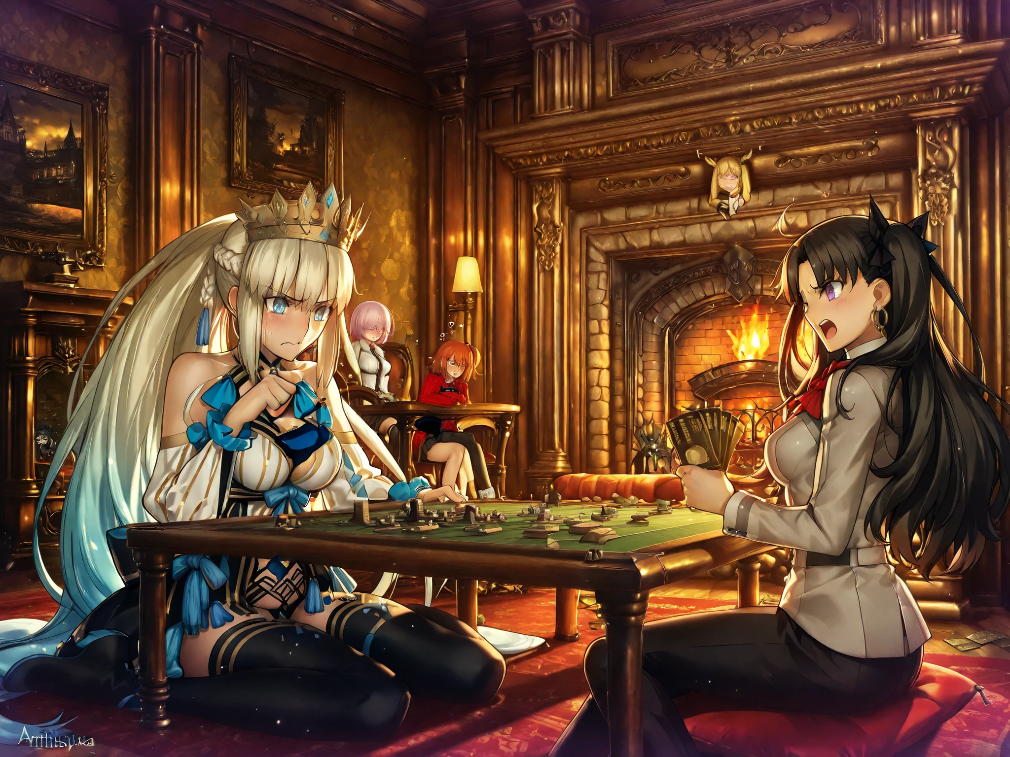 (masterpiece:1.2), (Highest Quality:1.2), (Super Detailed:1.2), (Fate/Grand Order style:1.3), (Thickly painted anime style:1.2), (anime style:1.25),
(4girls:1.3), (intimate atmosphere:1.3), ((Fate Grand Order:1.2)),
((sitting around table)), ((playing Monopoly board game)), ((cozy private room)), ((old mansion)),((money bills and property cards scattered on board)),
(personA: fujimaru ritsuka (female), aaritsuka:1.2),
(personB: Mash Kyrielight:1.2),
(personC: Morgan le Fay (Fate):1.2),
(personD: Ishtar:1.2),
((victorious girl smiling)),((loser looking frustrated )),
((dynamic expressions), (dramatic lighting from fireplace), (playful rivalry))