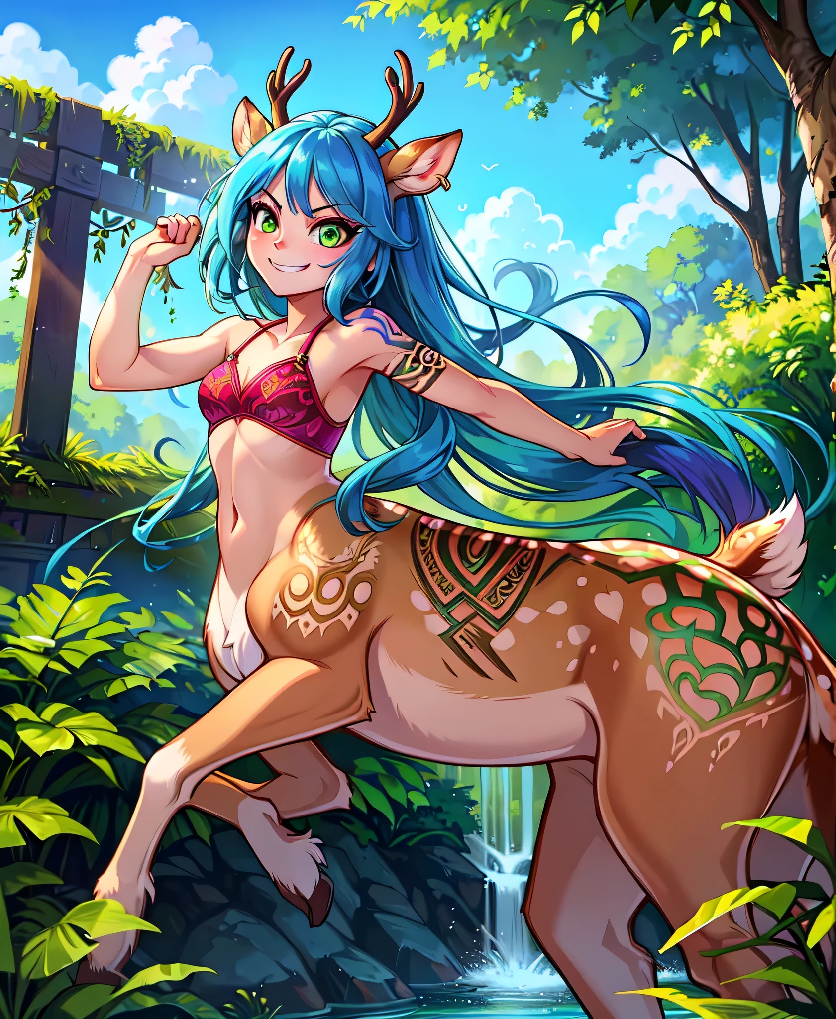 detailed background, lush jungle, exotic flora and fauna, sunlight streaming through the canopy, clear blue sky above, (half-human half-deer taur girl:1.2), (slim build with a toned upper body:0.9), (flowing hair cascading down her shoulders:1.1), (deer horns:1.2), (piercing green eyes:1.1), top half human covered in intricate tattoos, bottom half deer with sleek fur, tail swishing gracefully behind her, hindquarters flexing as she moves, (dappled sunlight playing on her spotted fur), confident stride as she explores her vibrant surroundings, (smirk, maniac expressions:1.4),
cute face, pretty face, beautiful face, flawless face, detailed eyes, large eyes, smirking, beautiful girl, amused beautiful, feminine,