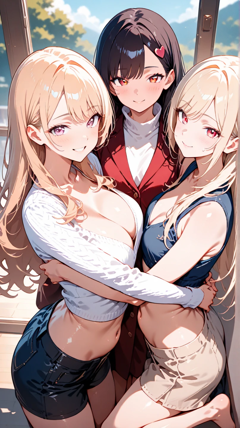 three ???? women looking down at 4 years old boy with blonde hair and shorts, flirtatious smiles, women have auburn hair, boy has sunglasses