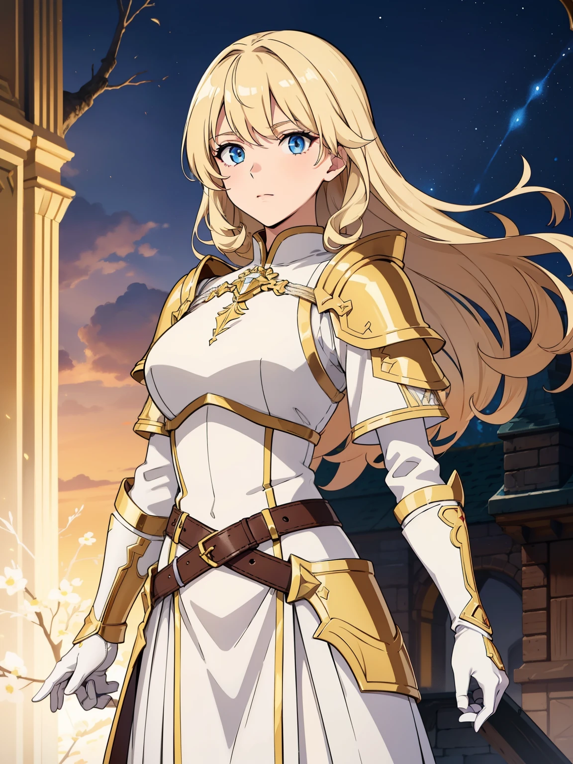 (high quality, breathtaking ), (expressive eyes, perfect face) full height, 1 girl, female gender, One, adult, blond hair, blue eye color, Long hair, looks at viewer, whole body, calm facial expression, fantasy clothes, height 4" 3, attracts the queen's fantasy outfit, the gold color, white armor , short stature, white jacket, light-colored short-sleeved shirt, long-sleeved mittens, white skirt, gold branch, fantasy armor, shoulder pads, Leather armor, light tanned skin, medium bust, curly hair