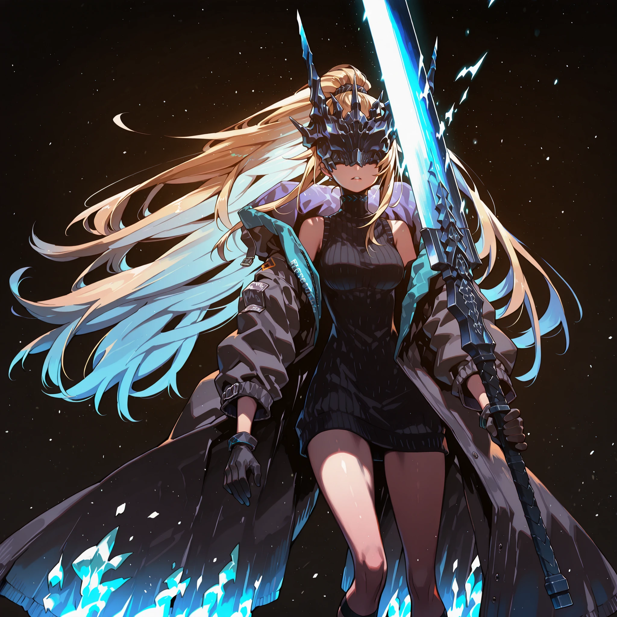 Alone, 1 girl, solitary female character, a young teenager about 1.5 meters tall. She stands alone against a deep black background, making her stand out vividly. Her physique and height are exactly like Terakomari Gandesblood from The Vexations of a Shut-In Vampire Princess.

She has long, blonde hair with blue highlights on the inside, similar to Sylpha Langlis (but blonde). Her hair is styled in a Shikei style and tied in a very long ponytail. O cabelo está tied in a very long ponytail to Sylpha Langlis (but blonde)

Clothing:
Her eyes are completely hidden behind a black mask with the same design as the Frost Queen’s mask from Return of the Frozen Player. A black mask identical to the Frost Queen’s mask from Return of the Frozen Player. A black mask identical to the Frost Queen’s mask from Return of the Frozen Player. The mask covers the eyes. The mask covers the eyes.
She wears a black turtleneck sweater that extends halfway down her thighs. Her thighs and legs are exposed. The most important feature is her black coat with blue accents—identical in every detail to Amiya’s coat from Arknights: the same fabric, cut, blue highlights, length, hood design, zippers, and proportions. The coat fits perfectly, without slipping down the shoulders and arms.. Gloves like Amiya's from Arknights

Pose and Expression:
Black background, sensual pose, wide , , slim waist, petite body. She is a young woman conjuring a large blue flame in one hand while holding an immense black greatsword with a blue blade in the other. The enormous sword appears to be made of stone, with several cracks along its wide, heavy blade, from which condensed energy radiates. The energy visibly flows from the cracks in the massive sword.

Atmosphere and Style:
Youthful energy. Ultra-detailed, sharp, clean anime style. Deep black background with cinematic lighting emphasizing her short stature and powerful aura. Perfect image, perfect face, perfect eyes, hair is styled in a Shikei style.