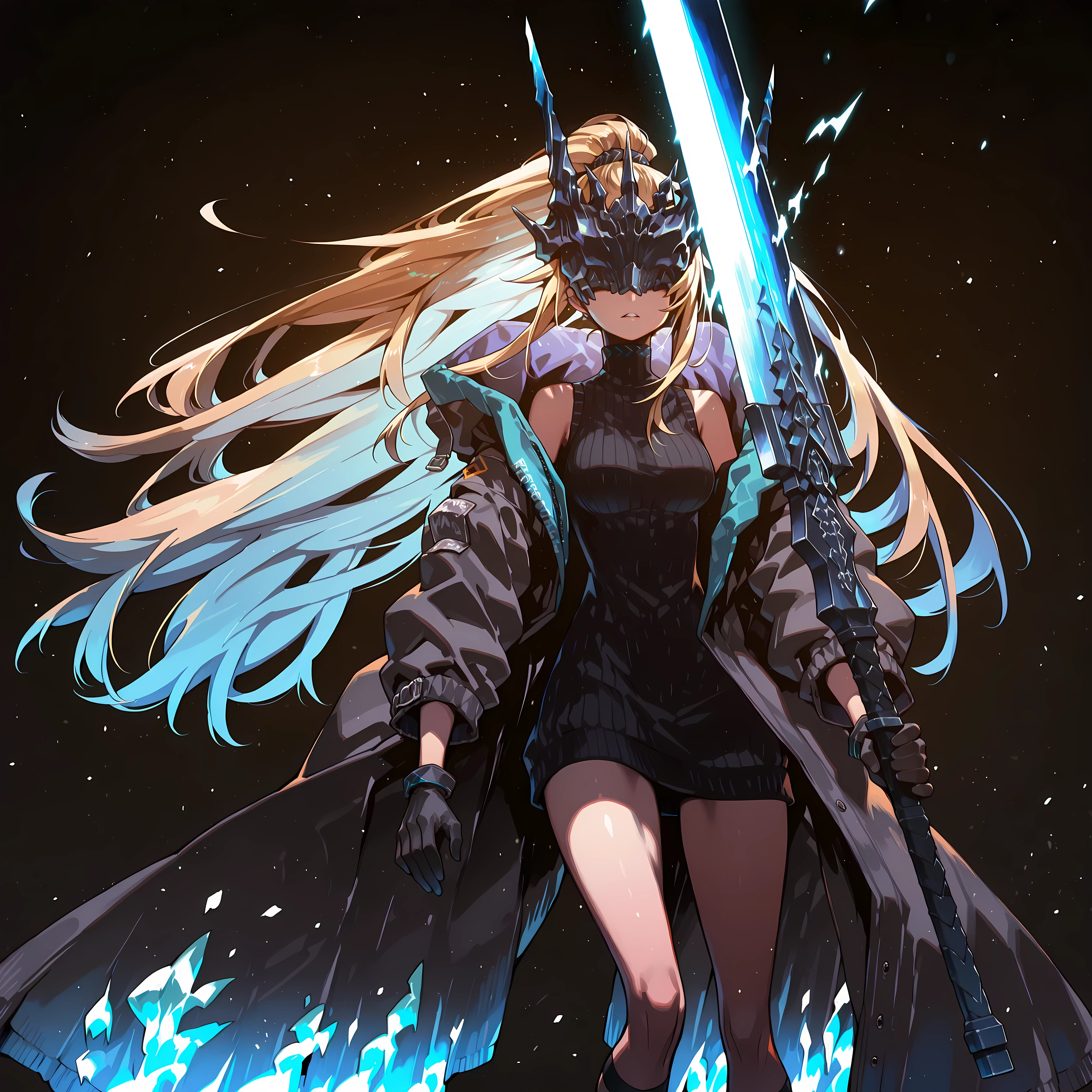 Alone, 1 girl, solitary female character, a young teenager about 1.5 meters tall. She stands alone against a deep black background, making her stand out vividly. Her physique and height are exactly like Terakomari Gandesblood from The Vexations of a Shut-In Vampire Princess.
She has long, blonde hair with blue highlights on the inside, similar to Sylpha Langlis (but blonde). Her hair is styled in a Shikei style and tied in a very long ponytail. O cabelo está tied in a very long ponytail to Sylpha Langlis (but blonde)
Clothing:
Her eyes are completely hidden behind a black mask with the same design as the Frost Queen’s mask from Return of the Frozen Player. A black mask identical to the Frost Queen’s mask from Return of the Frozen Player. A black mask identical to the Frost Queen’s mask from Return of the Frozen Player. The mask covers the eyes. The mask covers the eyes.
She wears a black turtleneck sweater that extends halfway down her thighs. Her thighs and legs are exposed. The most important feature is her black coat with blue accents—identical in every detail to Amiya’s coat from Arknights: the same fabric, cut, blue highlights, length, hood design, zippers, and proportions. The coat fits perfectly, without slipping down the shoulders and arms.. Gloves like Amiya's from Arknights
Pose and Expression:
Black background, sensual pose, wide , , slim waist, petite body. She is a young woman conjuring a large blue flame in one hand while holding an immense black greatsword with a blue blade in the other. The enormous sword appears to be made of stone, with several cracks along its wide, heavy blade, from which condensed energy radiates. The energy visibly flows from the cracks in the massive sword.
Atmosphere and Style:
Youthful energy. Ultra-detailed, sharp, clean anime style. Deep black background with cinematic lighting emphasizing her short stature and powerful aura. Perfect image, perfect face, perfect eyes, hair is styled in a Shikei style.