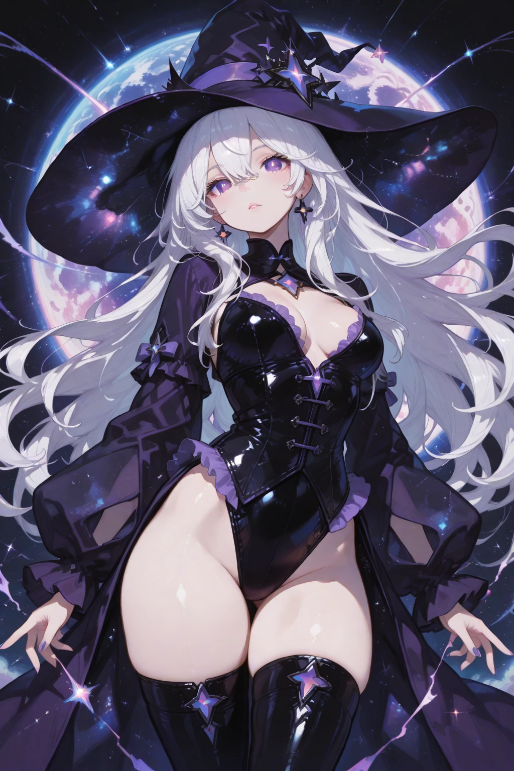 1girl, long beautiful white hair, beautiful yellow eyes, witch clothes, holding up a witch wond, thunder magic around her, thick curvy body, slim stomach 