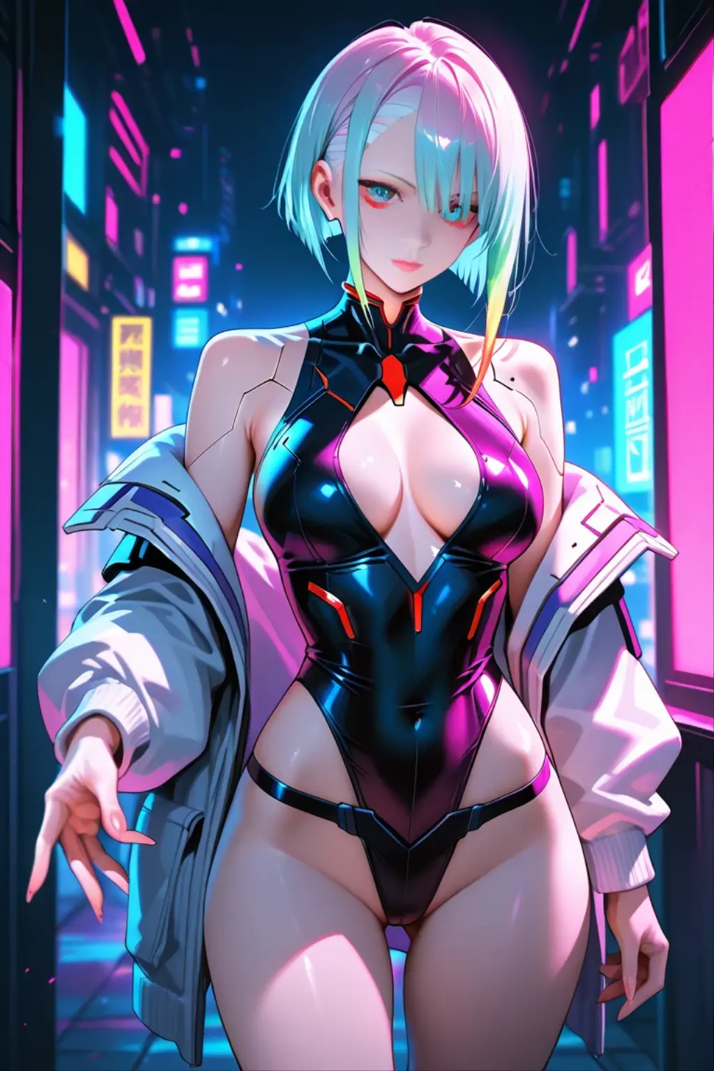  Beautiful figure (Proper Anatopy, Slim, Slender figure, shapely legs, Anime style, white colored hair, Bob hairstyle, Very detailed face, Very beautiful face, in full height,, Beautiful slim figure, femininity，masterpiece, Lucy, cyberpunk edgerunners, showing armpits and ????? ??????????, (((showing armpits))) neon background city. 