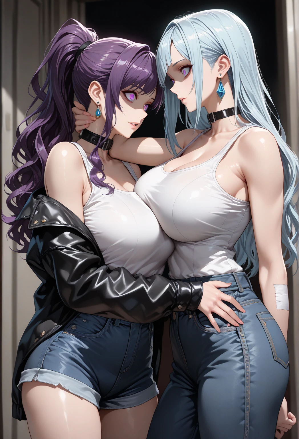 Kizi， By bangs，   shoulders， Black pantsuit， nedium breasts， Breasts squeezed together， greybackground， hair between eye，， long whitr hair， View viewer， trouser， parted lip， red eyes， The shirt， simplebackground， 无袖， sleeveless shirts， 独奏， high-necksweater， V 臂， whaite hair，（Shiny skin），（tmasterpiece：1.4），（best qualtiy：1.4），，，Facigirl，Redlip，Perfect abs，nabel，（：1.5），（Clear ）， ， immensity， sweat leggs， full bodyesbian，grabbing the breasts，lesbian，In the alley，Light kisses，The two breasts collide together，Clothes are soaked，Pinch the  with your hands，clothes 