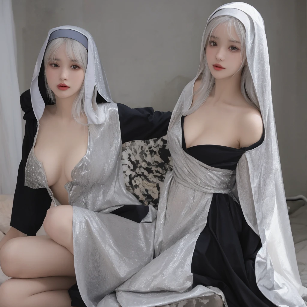 ,((1man with 1woman,Having sex)),Silver Hair,Bare breasts,ahe face,顔を赤らめる,drooling,​masterpiece, top-quality, Hi-Res, Celia Clare, White Capelet, beret,White background,simple background