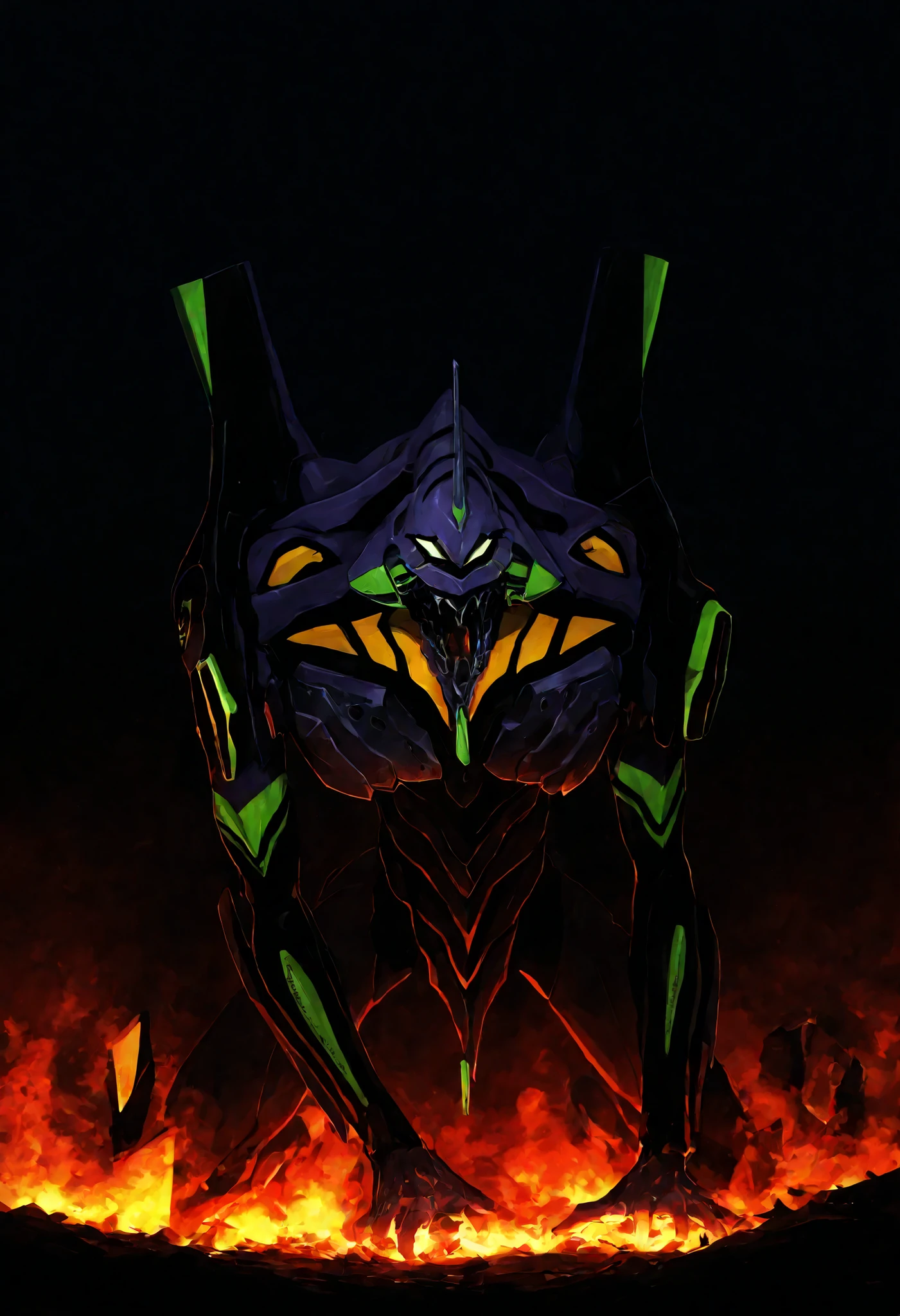 (the best quality suit, 4k, ultra detailed, high resolution, Masterpiece: 1.2), giant robotic humanoid (eva 01) on all fours with an open mouth among trees in a valley , with an open mouth showing intricate and detailed teeth and tongue, Purple armor with bright green reflections ., human arm, Berserker Mode, and a thin, organic body covered in metallic armor , walking on all fours, Smoke and dark atmosphere , green eyes, bright eyes, beast roar , Broken armor revealing a living organism., thick blood ,Ominous clouds, Dark illustration style, high contrast mini tube, dark shadows, Perspectiva atmosférica, sinister colors , Film composition, volumetric lighting, bright numbers, Brushstrokes, dramatic lighting, low angle, Surrealism, super detailed, hyperrealism,burning,infierno burning,fondo burning,Clear image,CLEAR, little darkness