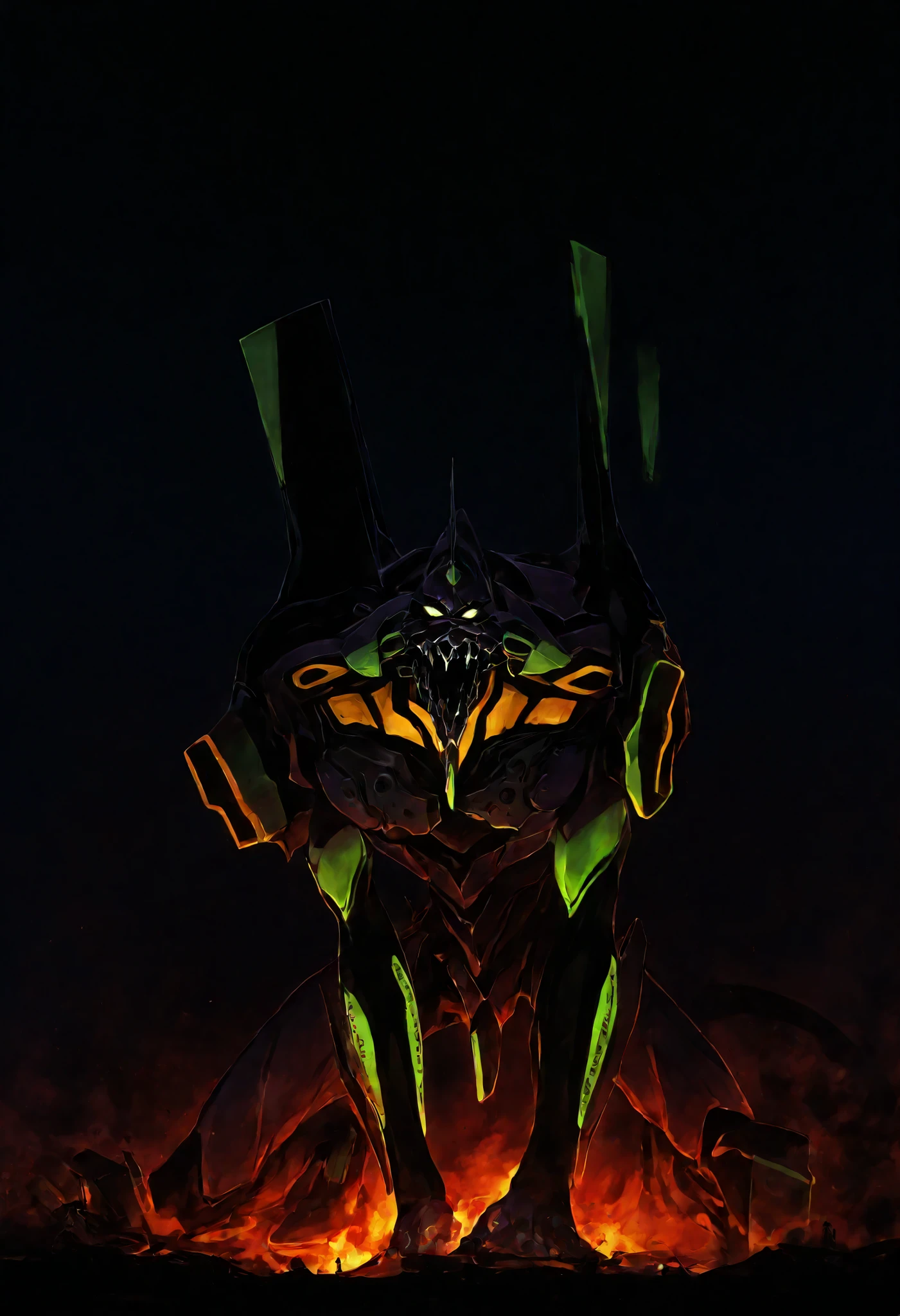 (the best quality suit, 4k, ultra detailed, high resolution, Masterpiece: 1.2), giant robotic humanoid (eva 01)  on all fours with an open mouth among trees in a valley ,  with an open mouth showing intricate and detailed teeth and tongue,  Purple armor with bright green reflections ., human arm, Berserker Mode,  and a thin, organic body covered in metallic armor , walking on all fours,  Smoke and dark atmosphere , green eyes, bright eyes,  beast roar , Broken armor revealing a living organism., thick blood ,Ominous clouds, Dark illustration style, high contrast mini tube, dark shadows, Perspectiva atmosférica,  sinister colors , Film composition, volumetric lighting, bright numbers, Brushstrokes, dramatic lighting, low angle, Surrealism, super detailed, hyperrealism,burning,infierno burning,fondo burning,Clear image,CLEAR, little darkness 