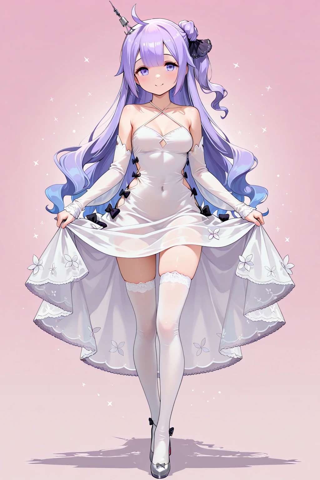 1girl, newest, late, tutu, medium breasts, breasts, silver hair, swept bangs, twintails, long hair, purple eyes,  ribbon, absurdres,  (lineart:0.4), thick outlines, (official art:0.5), best quality,