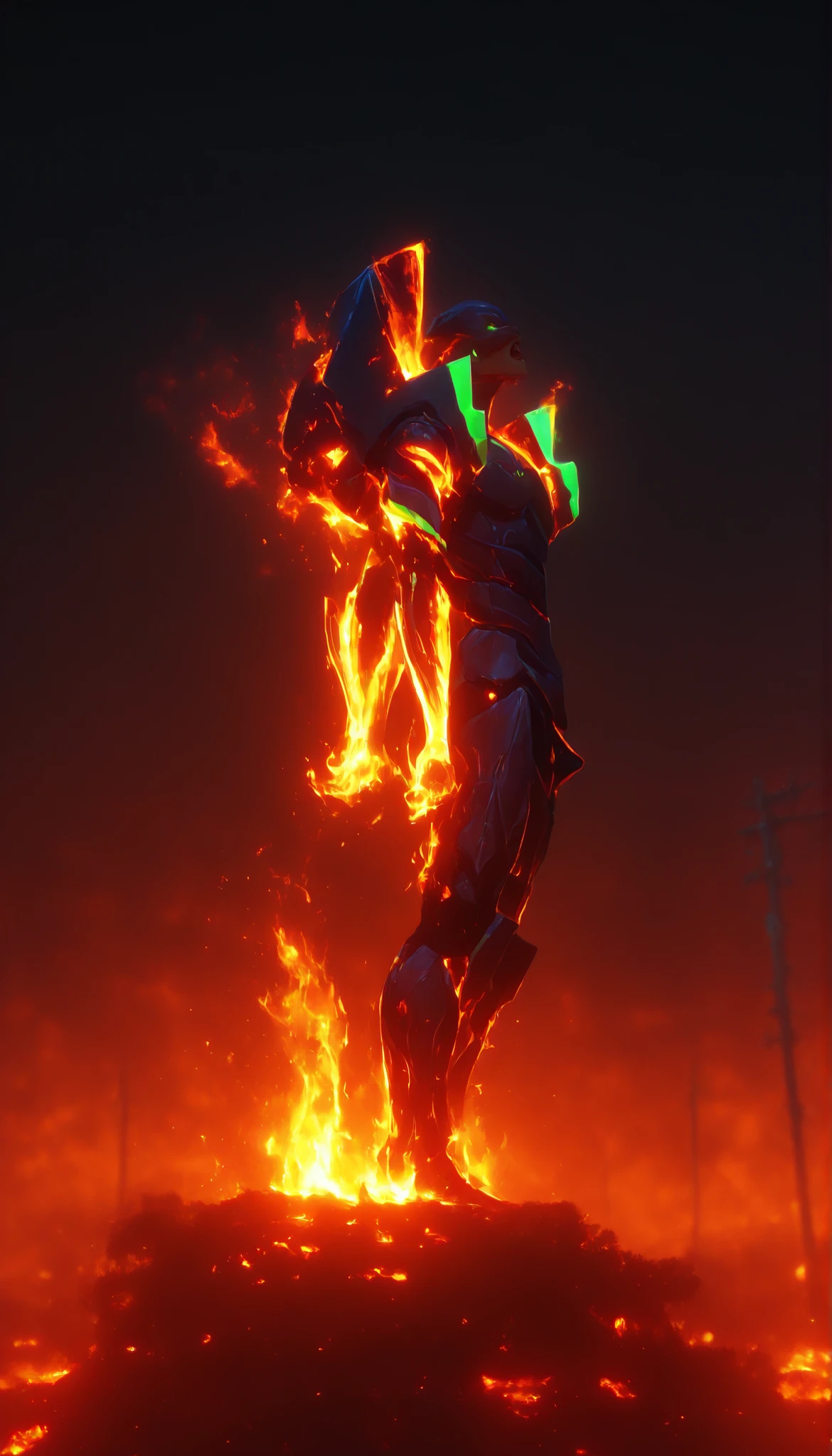 (the best quality suit, 4k, ultra detailed, high resolution, Masterpiece: 1.2), giant robotic humanoid (eva 01) standing with open mouth among trees in a valley,  with an open mouth showing intricate and detailed teeth and tongue,with arms squeezed and in the face of the effort,heartbreaking cry to the sky,  Purple armor with bright green reflections ., human arm, Berserker Mode,  and a thin, organic body covered in metallic armor ,standing looking upstairs,  Smoke and dark atmosphere , green eyes, bright eyes,  beast roar , Broken armor revealing a living organism., thick blood ,Ominous clouds, burning,infierno burning,fondo burning,Clear image,CLEAR, little darkness ,montallas de japan,electric poles,buildings in the distance,japan,The outskirts of Tokyo