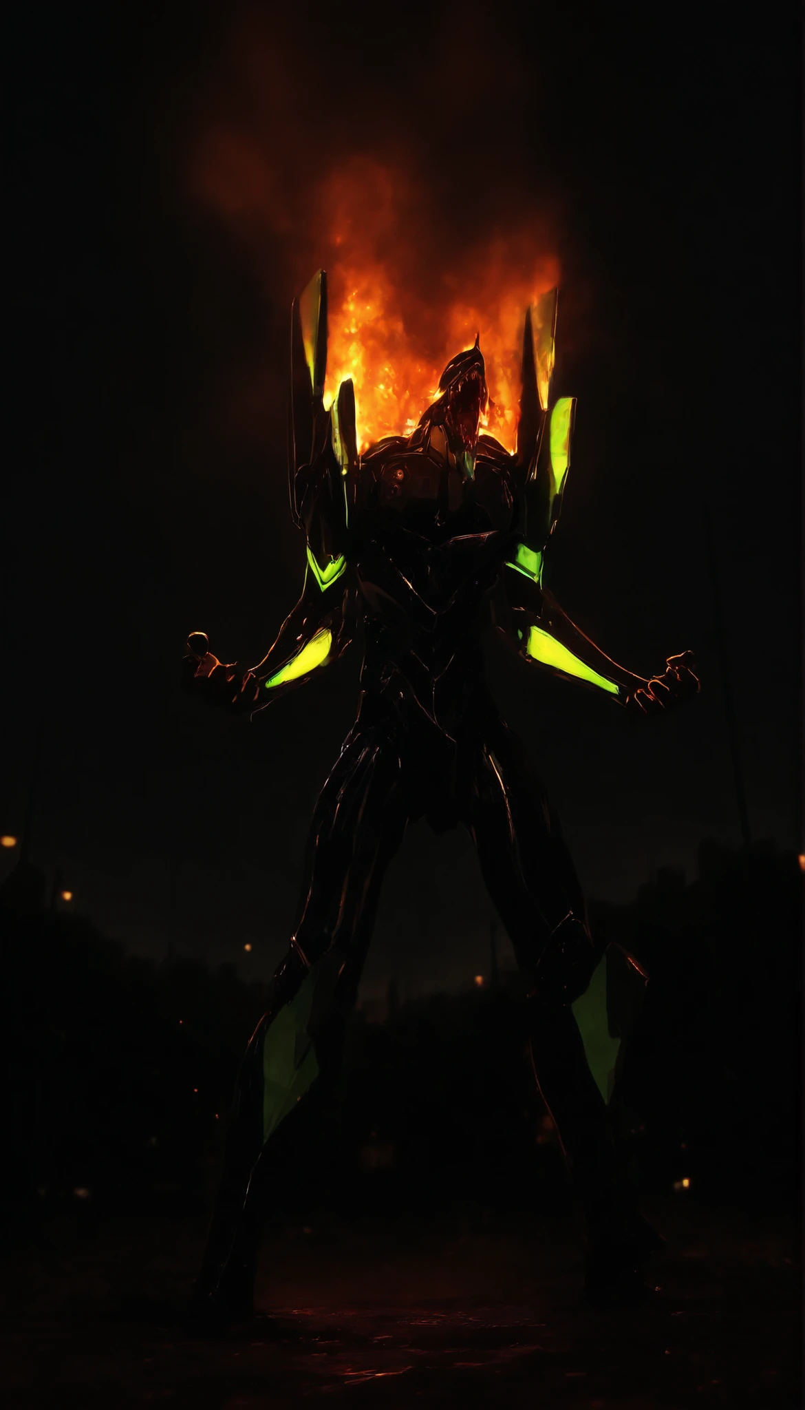 (the best quality suit, 4k, ultra detailed, high resolution, Masterpiece: 1.2), giant robotic humanoid (eva 01) standing with open mouth among trees in a valley,  with an open mouth showing intricate and detailed teeth and tongue,with arms squeezed and in the face of the effort,heartbreaking cry to the sky,  Purple armor with bright green reflections ., human arm, Berserker Mode,  and a thin, organic body covered in metallic armor ,standing looking upstairs,  Smoke and dark atmosphere , green eyes, bright eyes,  beast roar , Broken armor revealing a living organism., thick blood ,Ominous clouds, burning,infierno burning,fondo burning,Clear image,CLEAR, little darkness ,montallas de japan,electric poles,buildings in the distance,japan,The outskirts of Tokyo