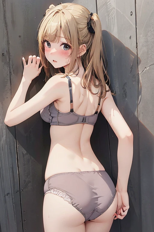 (master piece,extremely detailed),absurd, Super detailedな,(In 8K:1.3),Masseter muscle part,(masterpiece:1.2)、(highest quality)、4k、Super detailed、(Composition of exercise:1.4)、Highly detailed and colorful details、(rainbow colors:1.2)、(shining lighting、atmosphere lighting), High resolution, (official art, beautiful and aesthetic:1.2), best quality、(1 girl:1.8),Super detailedな,bright colors、vast landscape photography、tree break production art、(Warm color light source:1.2),High level image quality、Detailed image quality、intricate details,volume lighting,Realism BREAK、Profile、 idol face、18-year-old、very beautiful face and eyes, beautiful images、natural make up、big eyes、 (gigantic breasts)、(breast bag)、pointy breasts、(nice :1.8)、(glossy skin :1.5)、 (grinned), (Smooth, straight blonde hair with bangs),(please be shy:1.4), Dark navy eye color 、 (A light blue bra with a vivid texture, fullback panties:1.5)、((( with a clear texture)))、(looking up:1.2),【letter、text、sign、logo】