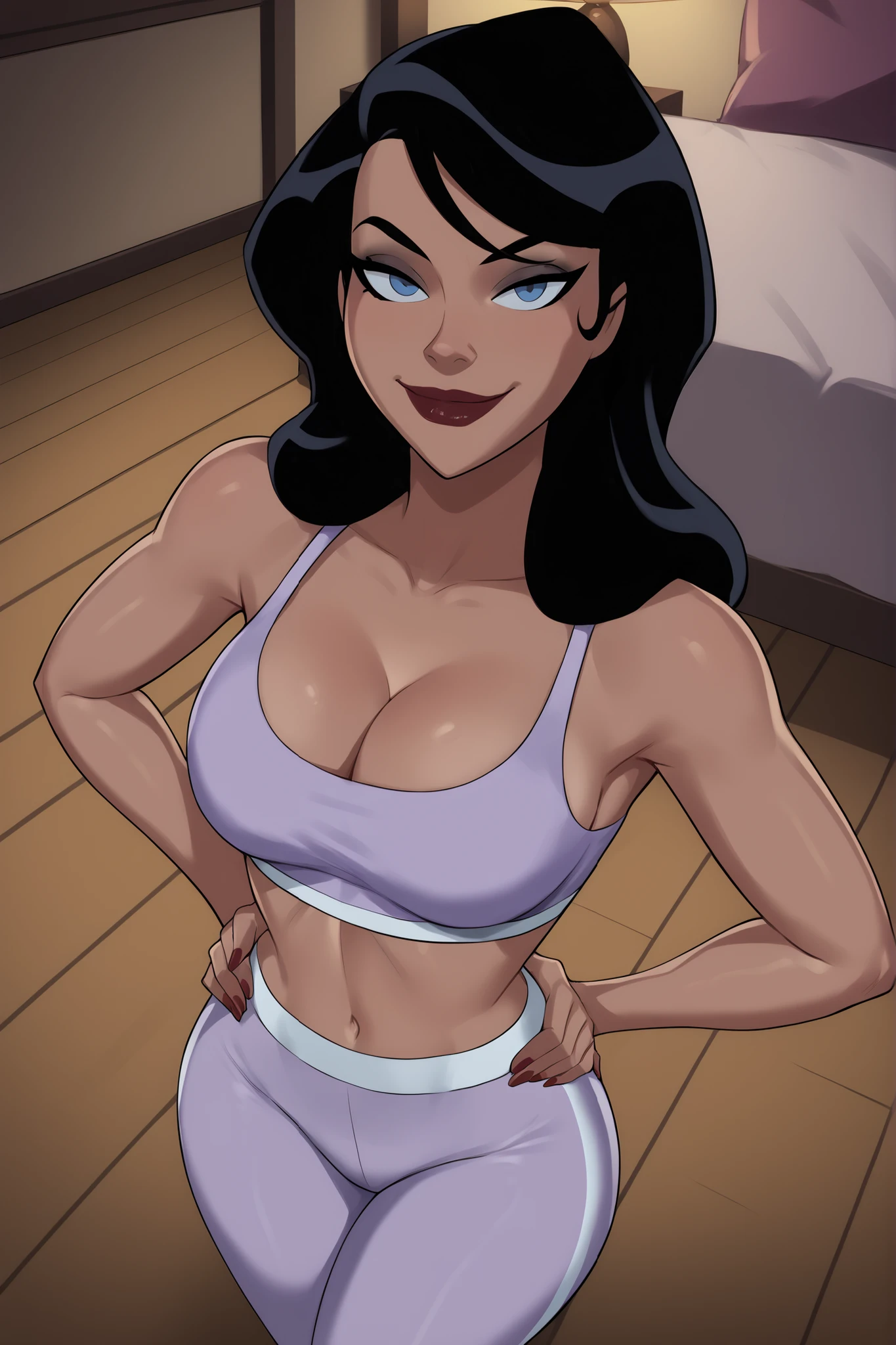 PonyXLV6_Scores BREAK ((parody) perfect , perfect eyes, cowboy shot), BREAK zatanna zatara, long hair, black hair, dark-skinned female, blue eyes, scarlet red lipstick, ((looking at viewer)), seducing viewer, teasing viewer, busty, lavender purple sports bra, lavender purple jogging pants, , cleavage, curvy, athletic, indoors, smiling, closed mouth, expression, bedroom eyes, bedroom, standing, high-angle view, dark purple eyeshadow, black eyeliner, hands on waist