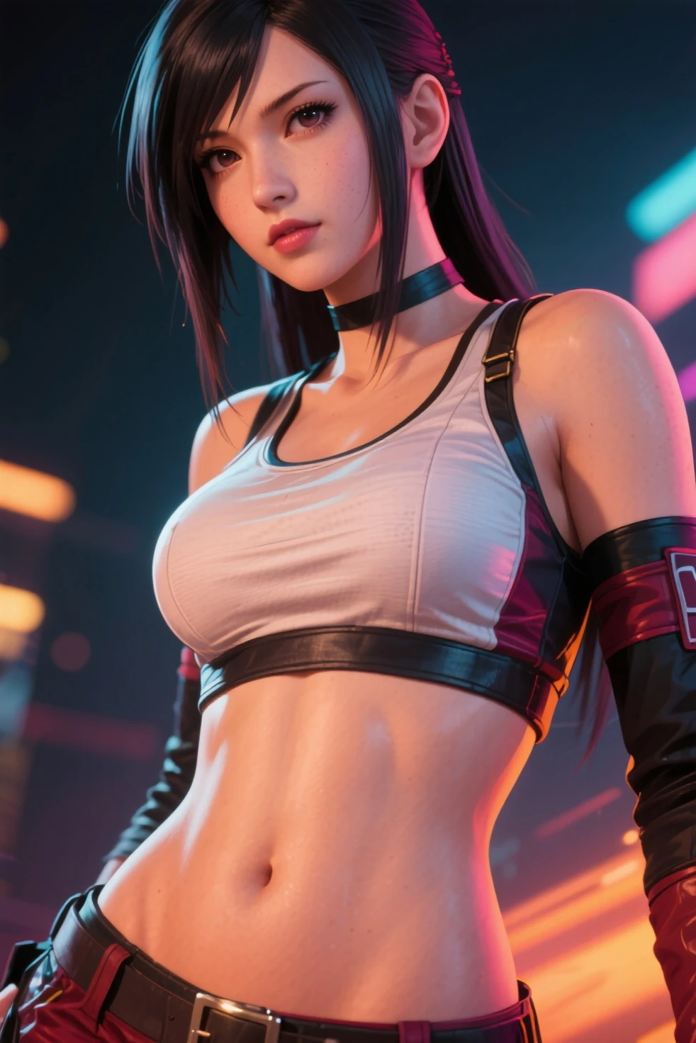 8K, Top Quality, Intricate Details, Ultra Detail, Ultra High Resolution, Masterpiece, close up shot, (full body: 1.1), Slender, Smile, (Makeup: 0.4), (walking), (Fluffy  Eyes: 1.21), ((bangs)), 1girl, solo, 1 girl, (((red eyes, black hair, bangs, long hair)), ((Tifa,Tifa･lockhart,Final Fantasy 7,FF7,l)), close up shot, , ((tall)), (((fit body))), (((slim face))), sharp face, ((leather suit,)) , (detailed face), sharp face, small lips, ( walking), walk pose, walking pose, 
 ((,  )), , ((,)), detailed face, detailed breast, large breast, (( )), detail ass, Narrow Waist, Skinny, tall , 175 cm tall, Muscular, Navel,  Abdomen, Pointed Chest,, Beautiful girl with accentuated slender abs: 1.4, Six Pack Abs: 1.4,, Perfect Body, detail leg, (( dark background)), black background,