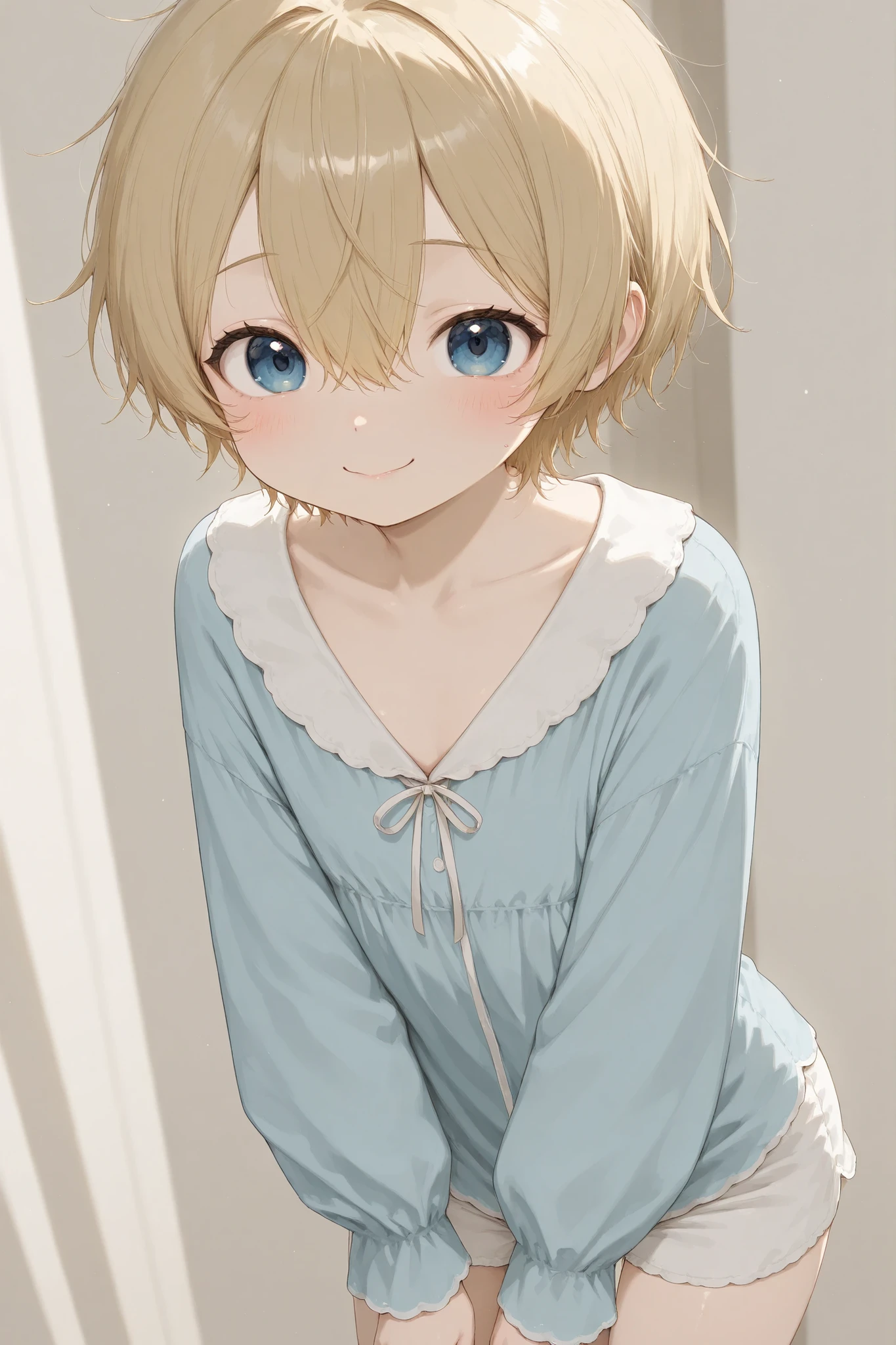 A boy. beautiful little cute boy, he has light blonde short hair with bangs, blue eyes, fair skin, rosy cheeks, a shy little smile, cute and adorable, dressed in shorts and a blue shirt, with a blurred background.