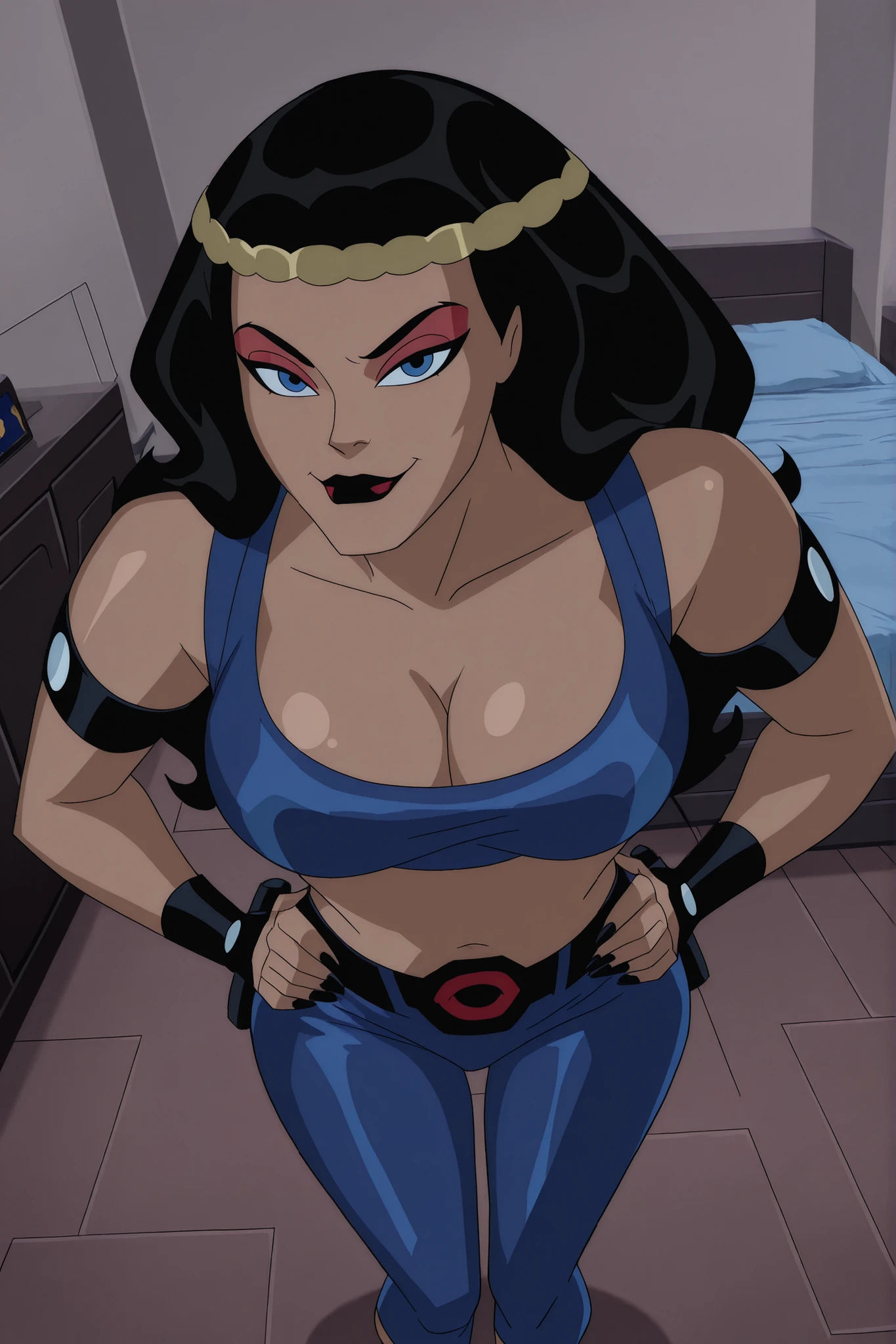 BREAK, score_6_up, score_7_up, score_8_up, score_9, b1gb4rd4, 1girl, solo, long hair, breasts, blue eyes, black hair, jewelry, hairband, dark red lips, lipstick, makeup, black nails, large breasts, busty, cleavage, curvy, athletic, looking at viewer, seducing viewer, teasing viewer, seductive expression, smiling, closed mouth, bedroom eyes, dark blue sports bra, dark blue jogging pants, indoors, bedroom, standing, closeup, portrait, upper body, high-angle view, dark red eyeshadow, black eyeliner, hands on waist