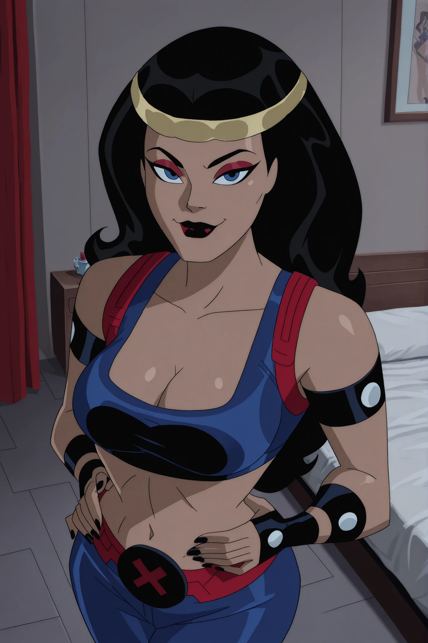 BREAK, score_6_up, score_7_up, score_8_up, score_9, b1gb4rd4, 1girl, solo, long hair, breasts, blue eyes, black hair, jewelry, hairband, dark red lips, lipstick, makeup, black nails, large breasts, busty, cleavage, curvy, athletic, looking at viewer, seducing viewer, teasing viewer, seductive expression, smiling, closed mouth, bedroom eyes, dark blue sports bra, dark blue jogging pants, indoors, bedroom, standing, closeup, portrait, upper body, high-angle view, dark red eyeshadow, black eyeliner, hands on waist