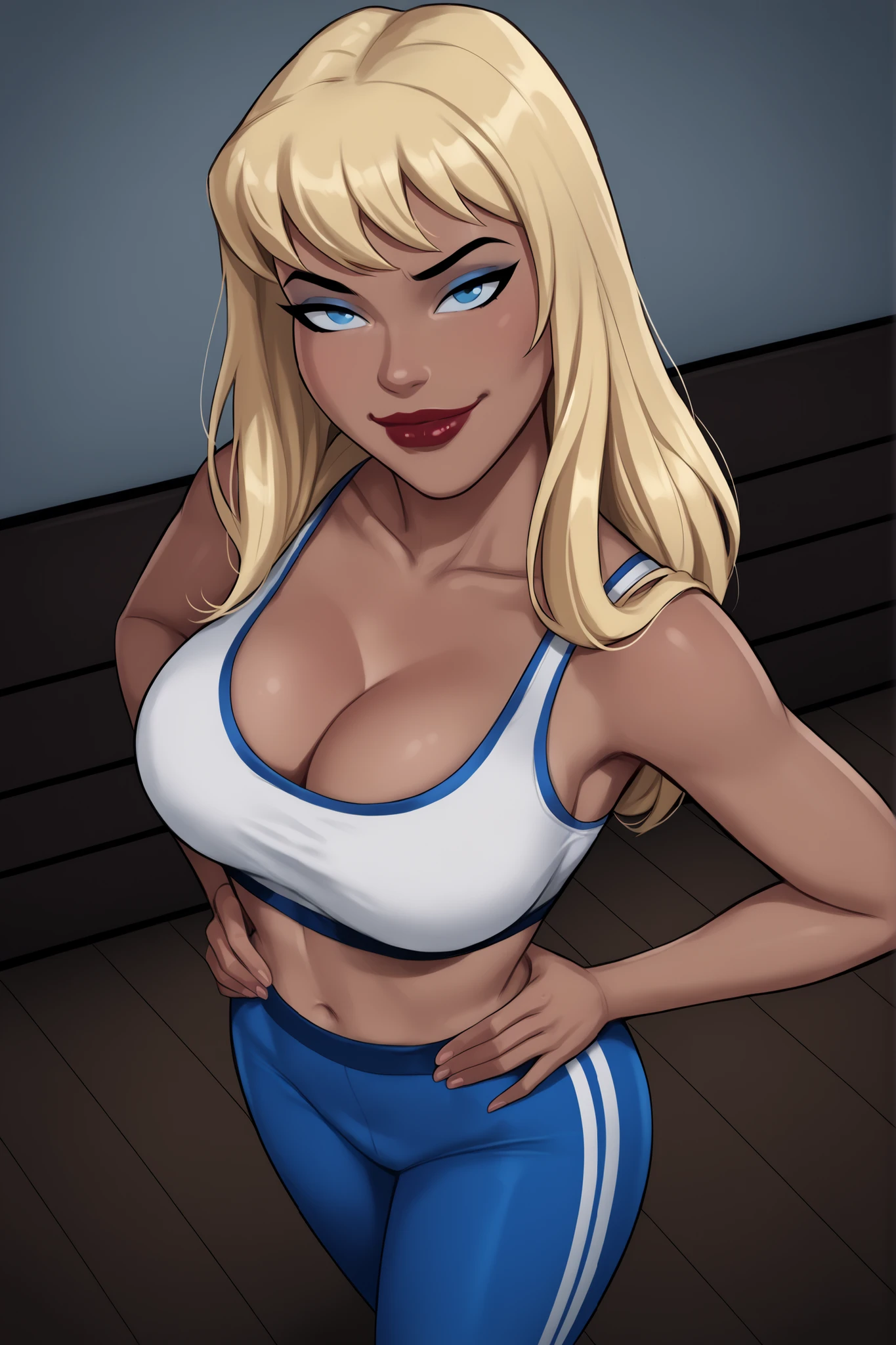 PonyXLV6_Scores BREAK ((parody), perfect anatomy, perfect eyes, cowboy shot) BREAK kara zor-el, long hair, blonde hair, blue eyes, dark-skinned female, lipstick, dark red lips, ((looking at viewer)), seducing viewer, teasing viewer, superhero, busty, white sports bra, blue jogging pants, large breasts, cleavage, curvy, athletic, indoors, smiling, closed mouth, bedroom, seductive expression, bedroom eyes, standing, high-angle view, blue eyeshadow, black eyeliner, closeup, portrait, upper body, hands on waist