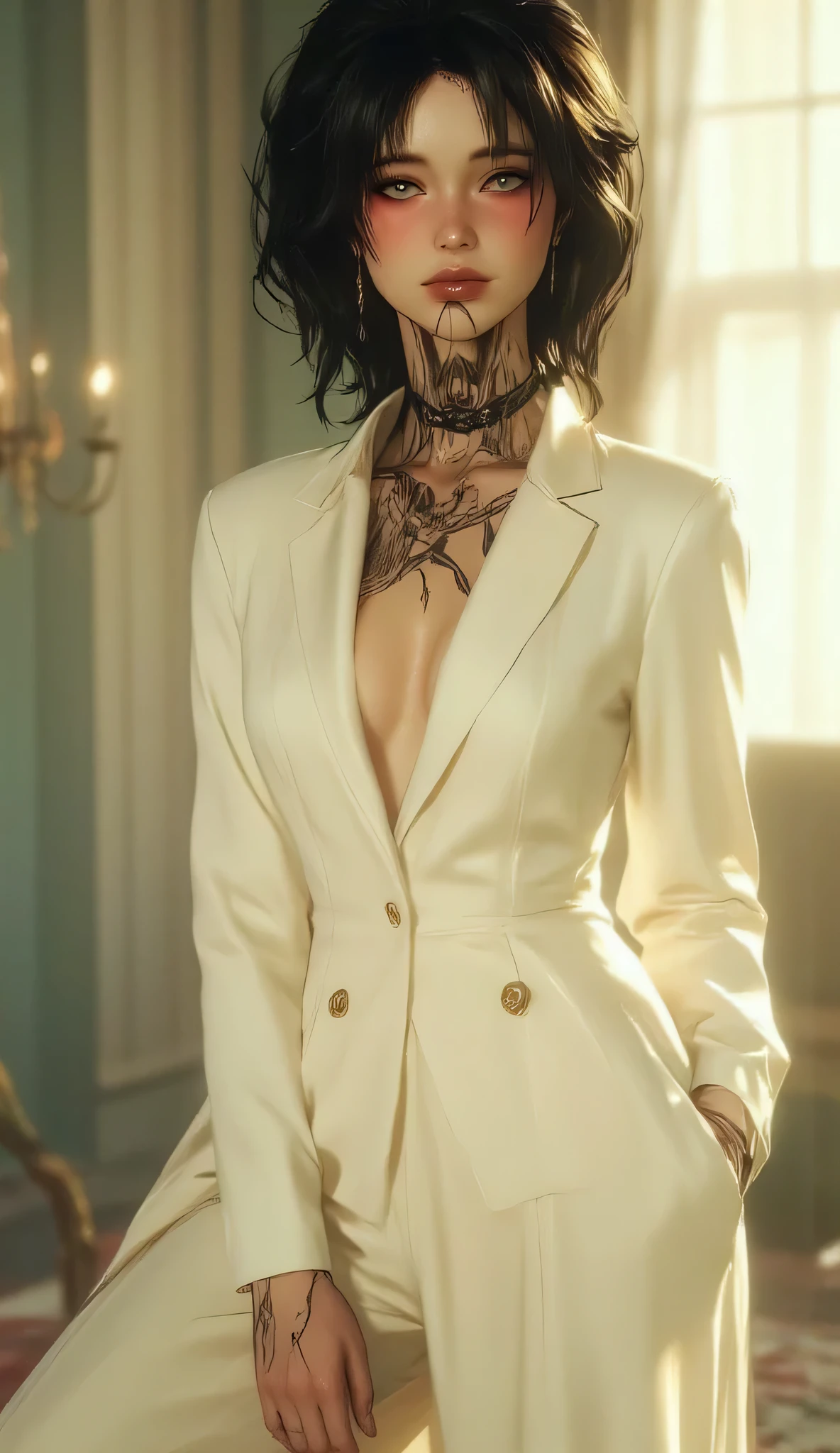 A striking figure seated in quiet defiance — short, tousled black hair frames a face etched with mystery. Clad in a white suit with a daring neckline, the subject exudes elegance and edge. One leg extended, the other bent in repose, black heels anchor the look in bold sophistication. A dark, intricate tattoo coils around the neck like a whispered secret, contrasting the purity of the suit. The softly lit, neutral background amplifies the subject’s presence, drawing the eye to every deliberate detail. A portrait of modern allure, poised between rebellion and grace.