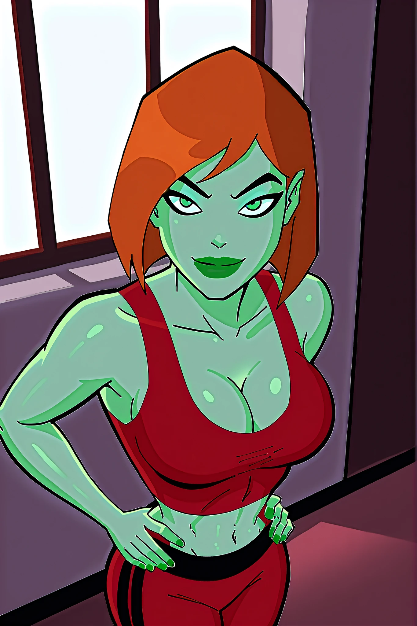 BREAK, score_6_up, score_7_up, score_8_up, score_9, 1girl, solo, green skin, green eyes, orange hair, green lipstick, makeup, Megan, superhero, , busty, cleavage, curvy, athletic, looking at viewer, seducing viewer, teasing viewer, expression, smiling, closed mouth, bedroom eyes, red sports bra, red jogging pants, indoors, bedroom, standing, closeup, portrait, upper body, high-angle view, dark blue eyeshadow, black eyeliner, midriff, hands on waist