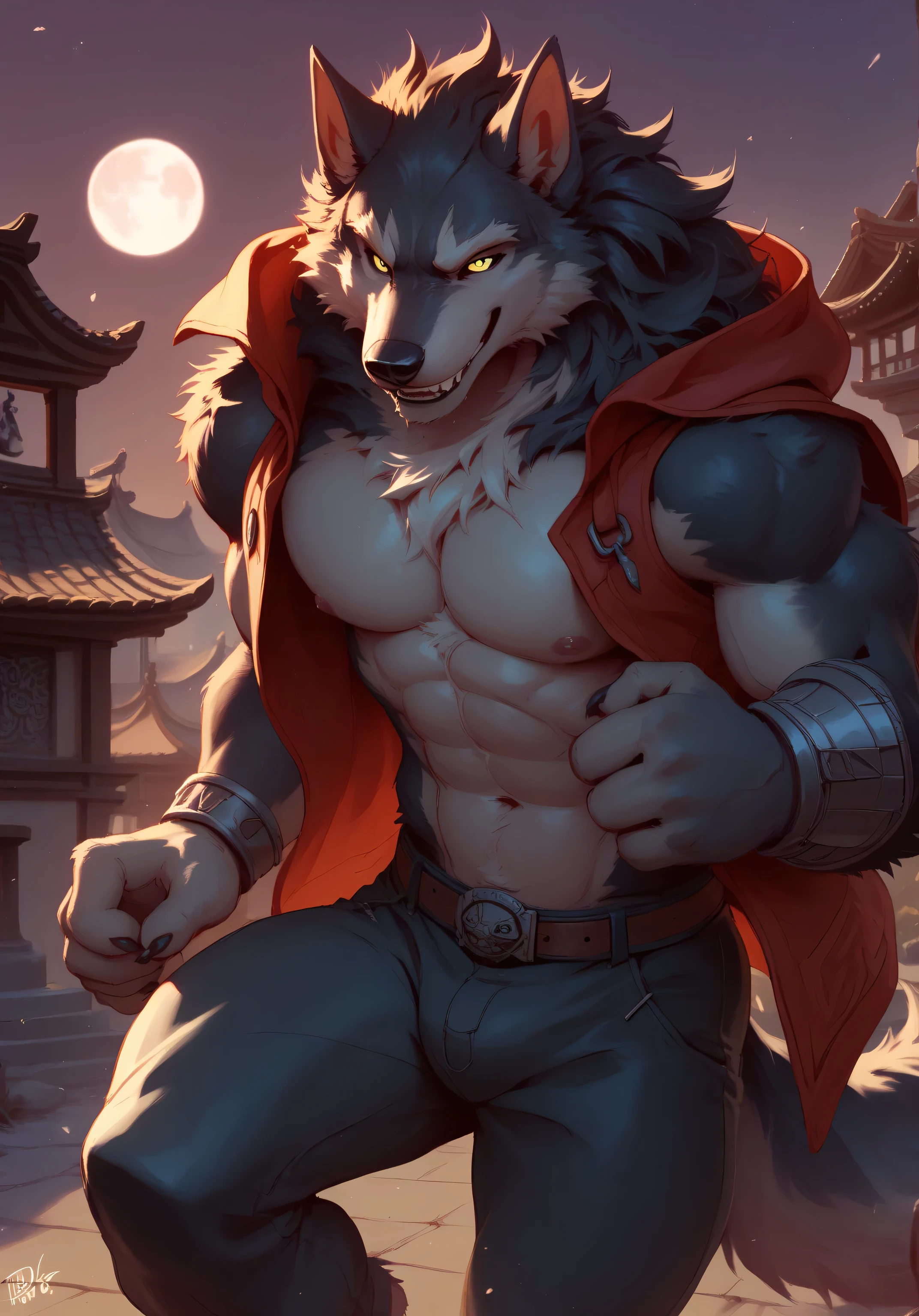 Best Quality, high quality, Ultra High Resolution,fine eyes, Exquisite Face ,masterpiece, high quality, 8K, HDR,, dynewulf (https://www.furaffinity.net/view/51994766/), werewolf, wolf man, wolf wolf wolf, furry, fur, black fur, He's a medium sized anthro black wolf with a white belly. wolf head, wolf tail. His vivid blue eyes glow and are intense. He wears a red alchemist jacket and brown work pants, ready for action. ,5 Fingers, Paladin, thieves, moon, Ancient Japanese Architecture,Ruined Cloak,roof,nipple,roof running,Yellow Eyes, fluffy hair,Handsome, Smile,null-ghost,Arashi Takehoto,Thin,Mechanic,Velocity Line, 
