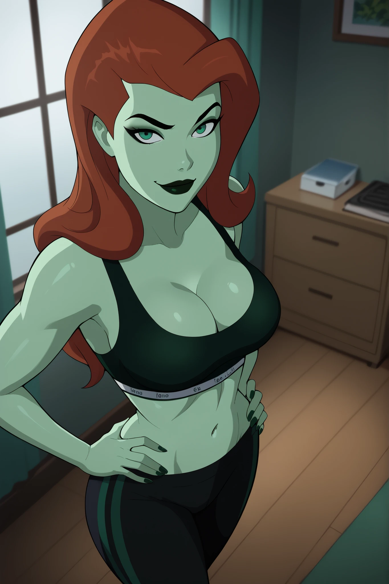 BREAK, score_9_up, score_8_up, score_7_up, score_6_up, poison ivy, 1girl, solo, ginger hair, long hair, black eyebrows, makeup, black lipstick, green skin, looking at viewer, seducing viewer, teasing viewer, best quality, high quality, expression, smile, closed mouth, busty, black sports bra, black jogging pants, curvy, athletic, indoors, bedroom, , cleavage, standing, high-angle view, midriff, dark green eyeshadow, black eyeliner, closeup, portrait, upper body, hands on waist