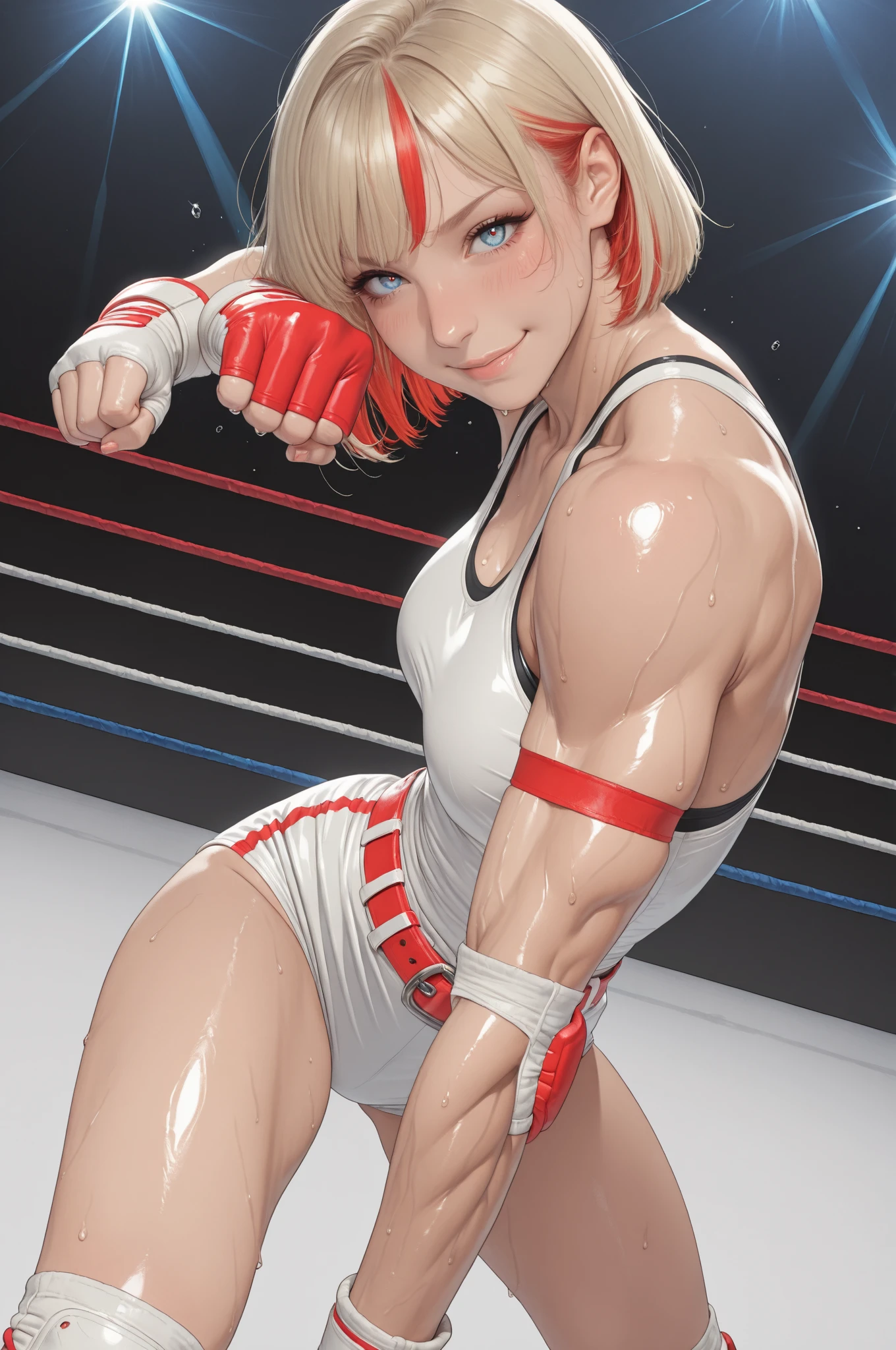 A female athlete performs gymnastics in an Olympic gymnasium,  arms, one hand lifting a leg high, wearing a complex red and white leotard, a crowd of people watching her from the stands.