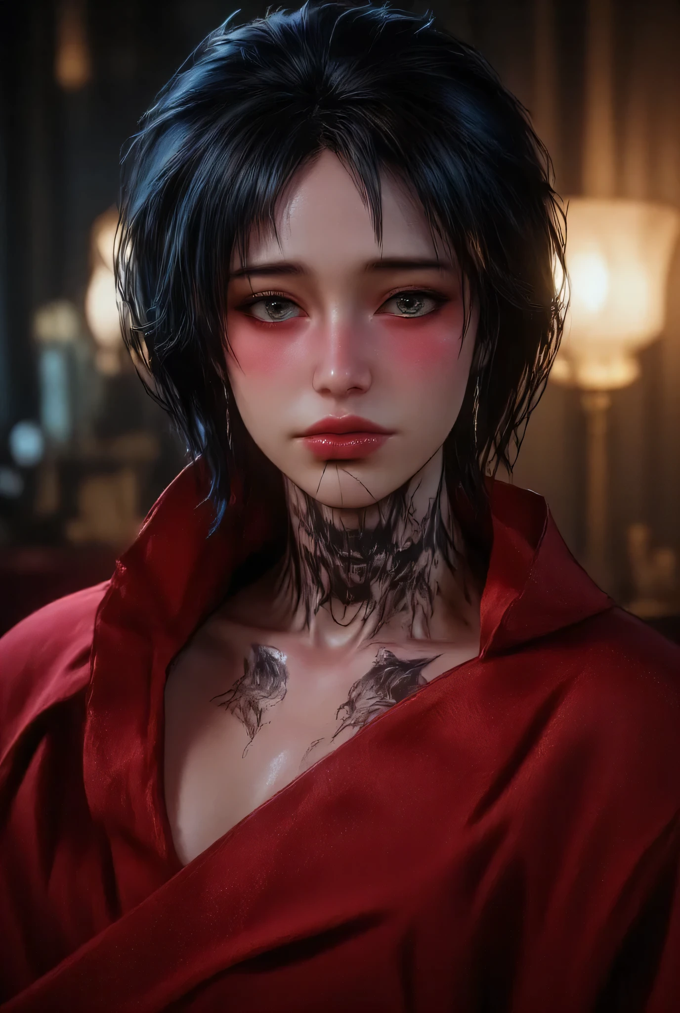 Sharp, structured silhouette in deep red,Their short, tousled dark blue hair frames a thoughtful gaze behind sleek glasses, A dark satin robe drapes elegantly over their form, hinting at quiet luxury. Around the neck, a bold black tattoo of a stylized skull unfurls with intricate detail — a symbol of mystery and edge