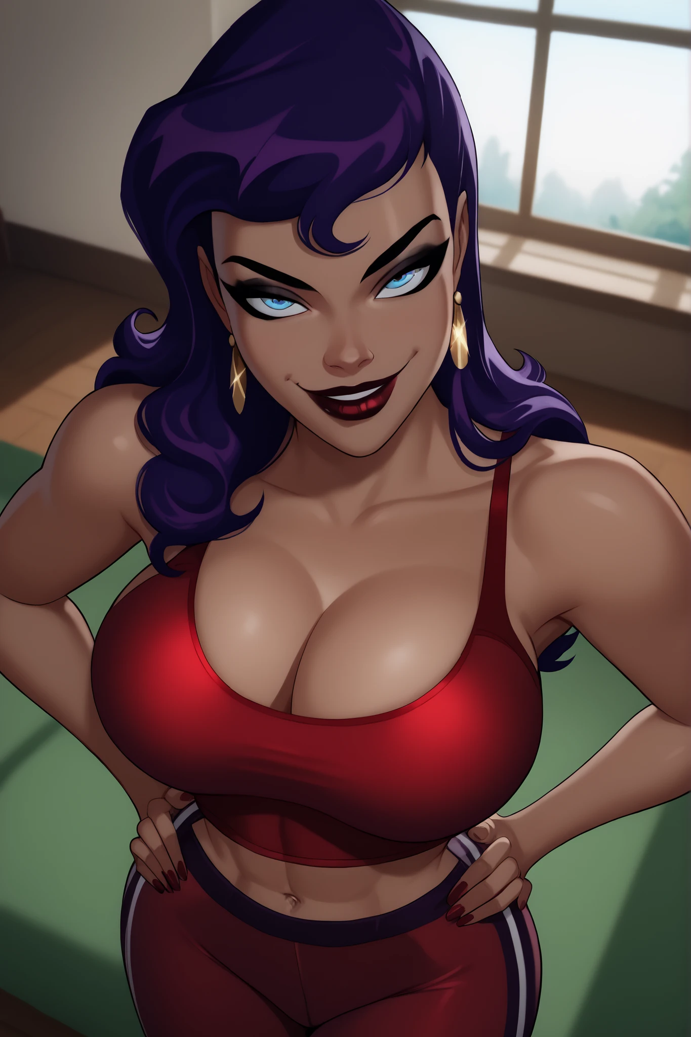 BREAK, score_9, score_8_up, score_7_up, score_6_up, masterpiece, high quality, NorCirce, 1girl, solo, purple hair, long hair, blue eyes, earrings, jewelry, , cleavage, curvy, athletic, dark-skinned female, lipstick, makeup, looking at viewer, seducing viewer, teasing viewer, smile, closed mouth,  expression, bedroom eyes, busty, scarlet sports bra, scarlet jogging pants, standing, indoors, bedroom, portrait, upper body, closeup, high-angle view, dark purple eyeshadow, black eyeliner, hands on waist 
