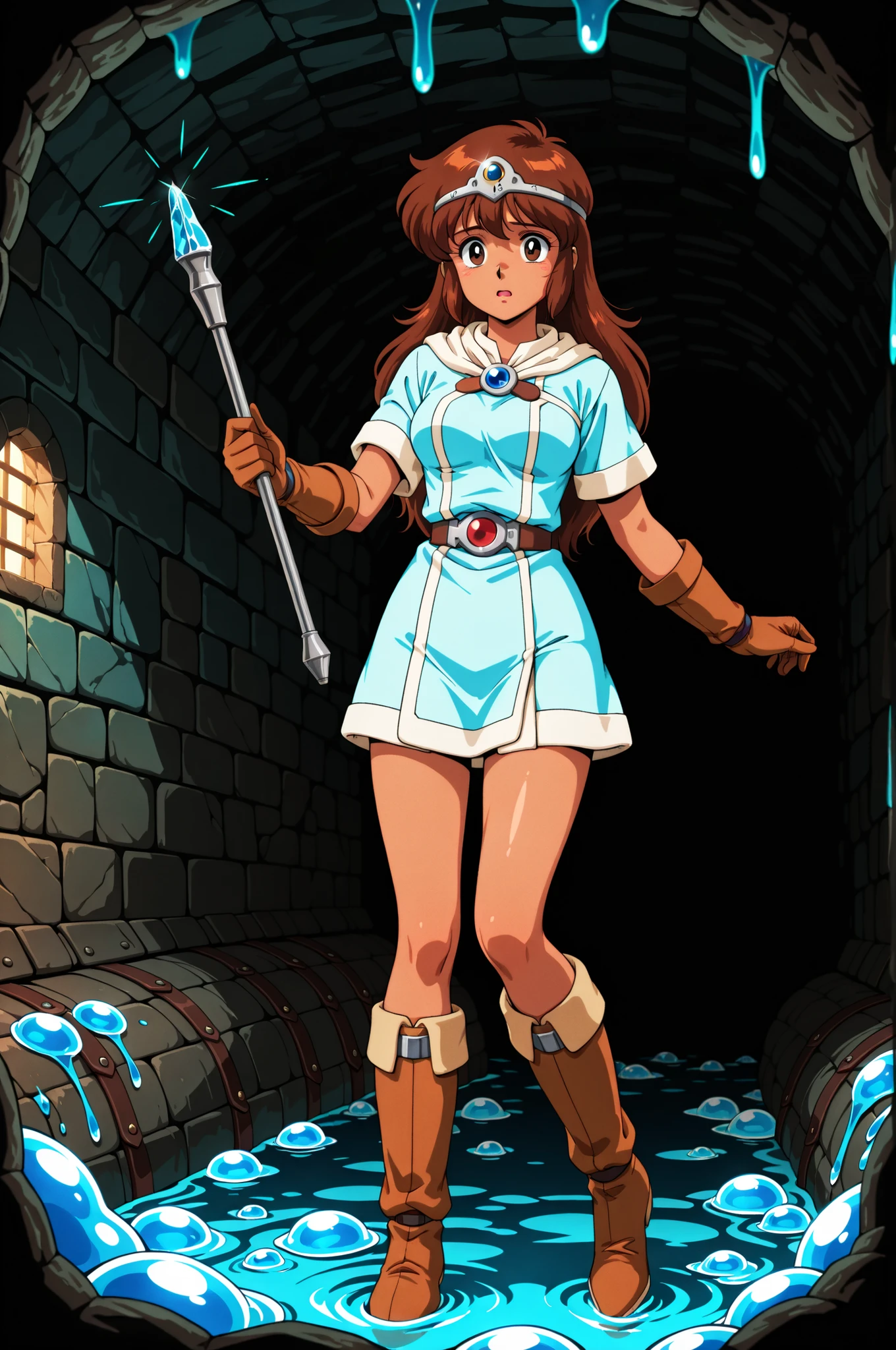 1girl, Ki from Tower of Druaga, long brown hair, brown eyes, wearing a short pale blue tunic, tan brown glove, belt, very brown hide boots, silver circlet, holding a small rod with a blue crystal tip, anxious expression, inside a slime filled sewer dungeon, alone, in full view in a highly detailed 1980s anime style