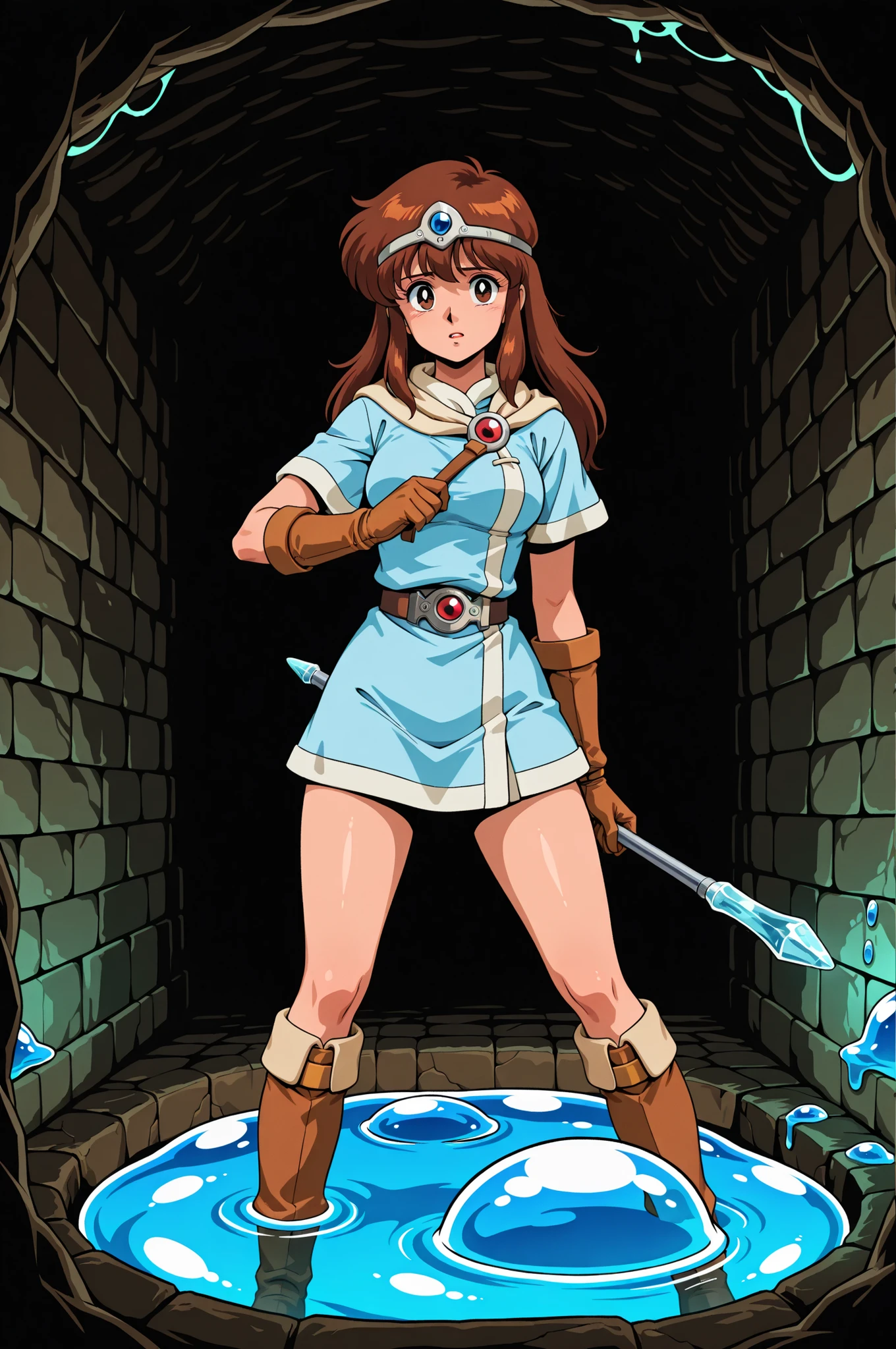 1girl, Ki from Tower of Druaga, long brown hair, brown eyes, wearing a short pale blue tunic, tan brown glove, belt, very brown hide boots, silver circlet, holding a small rod with a blue crystal tip, anxious expression, inside a slime filled sewer dungeon, alone, in full view in a highly detailed 1980s anime style