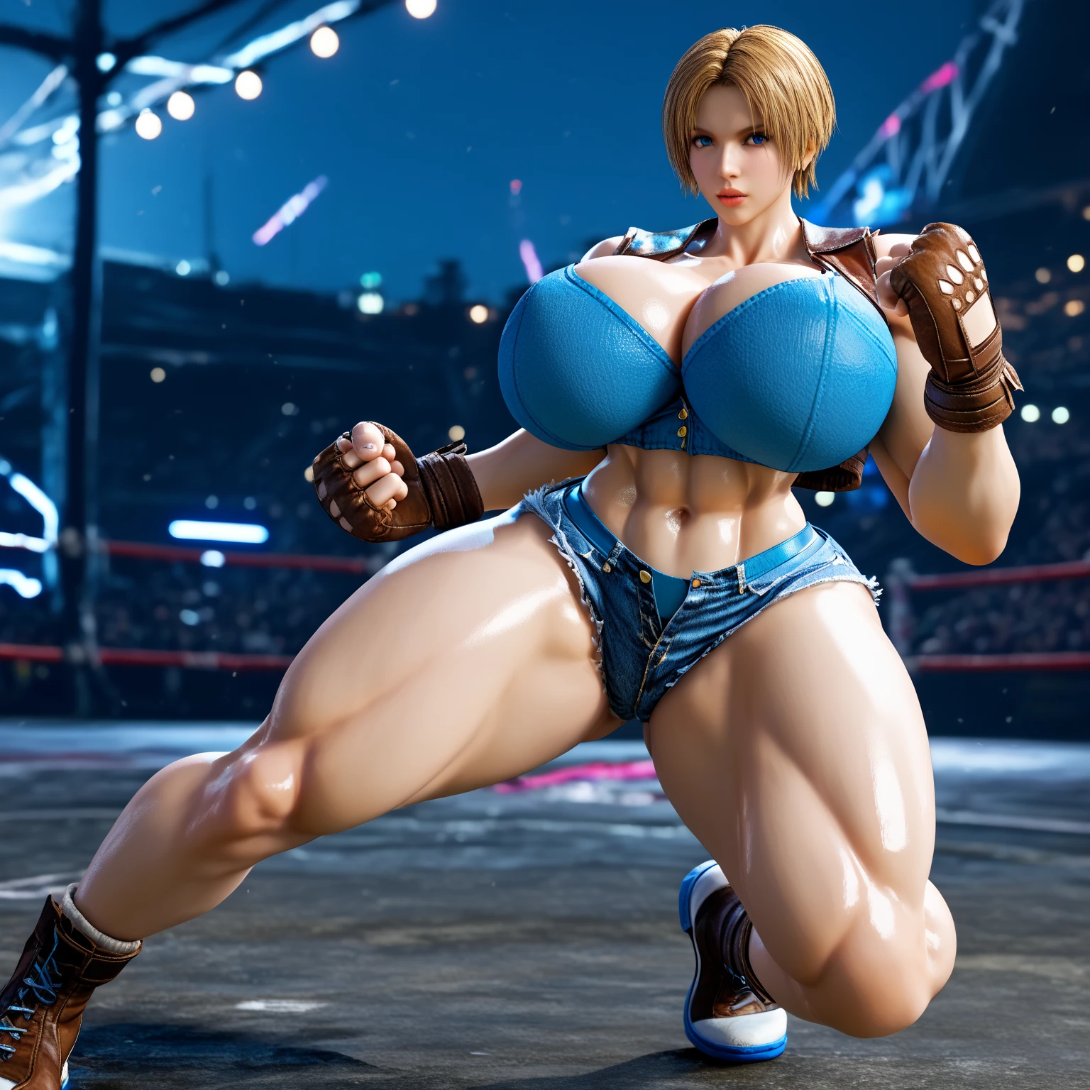 Lili from tekken squatting, surrounded by monsters, render, Detailed face, Beautiful face, 4k, thick thighs, chubby thighs, plump thighs, massive , enormous , thin bra, high leg panties, hands behind her head, in silent hill, Scared facial expression, blushing