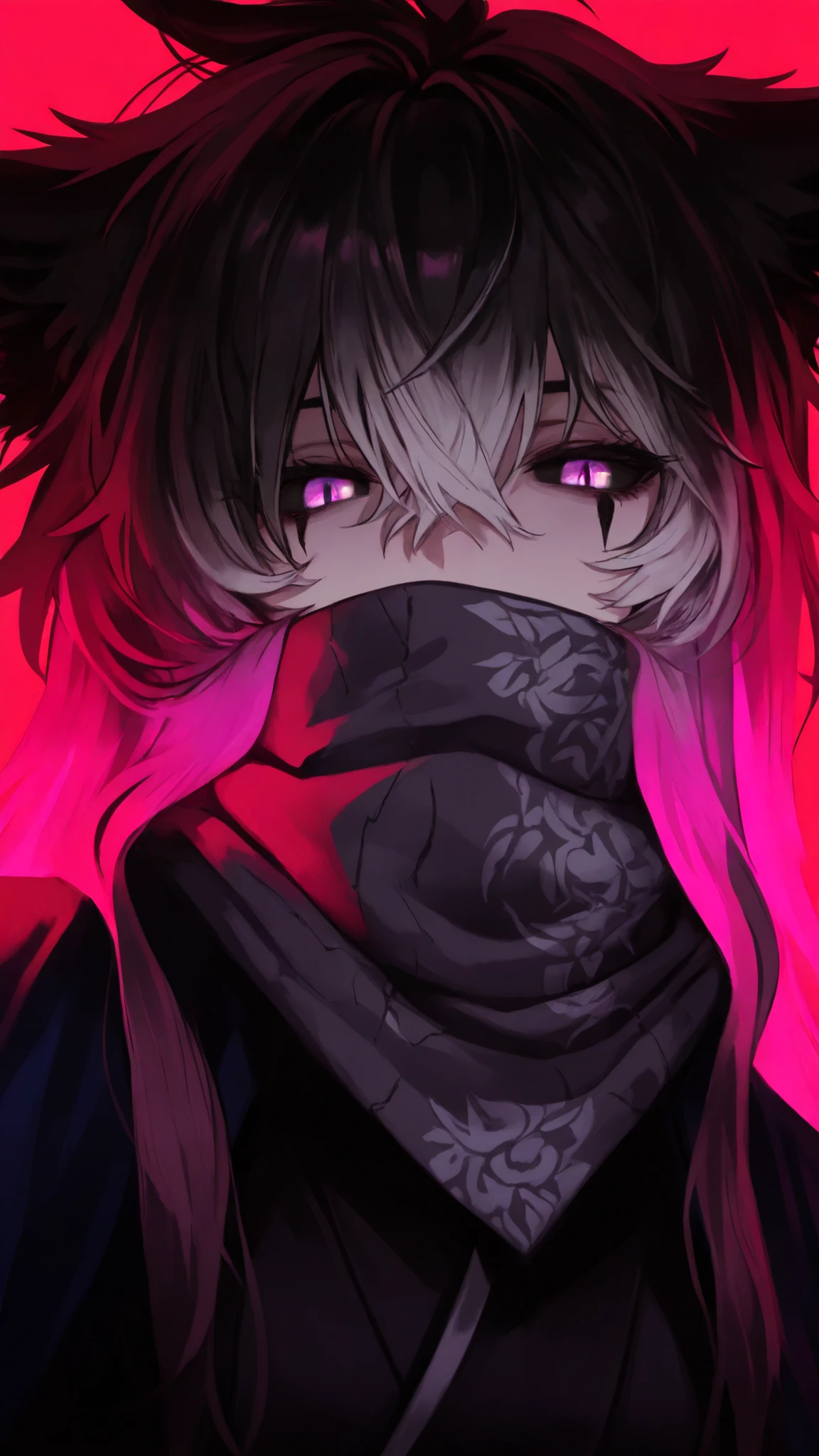 orig, 748cmstyle,(looking at viewer, side shot:0.72), warrior, (face shot:1.1), (1girl:0.665), solo, masterpiece, best quality, amazing quality, very aesthetic, high resolution, ultra-detailed, white hair, black hair, thick hair,multicoloured hair, wolfgirl, flattened ears, lappland, sleeper build, toned muscles, (covered mouth:1.3), two tone hair, dynamic pose, black sclera, purple eyes, alabaster skin, murderous expression, gradient hair, gradient, messy hair, hair in front of eyes, chinese clothes, loose clothes, royal guard, cape, YiSangHeishou, long hair, grey print scarf, black robe,