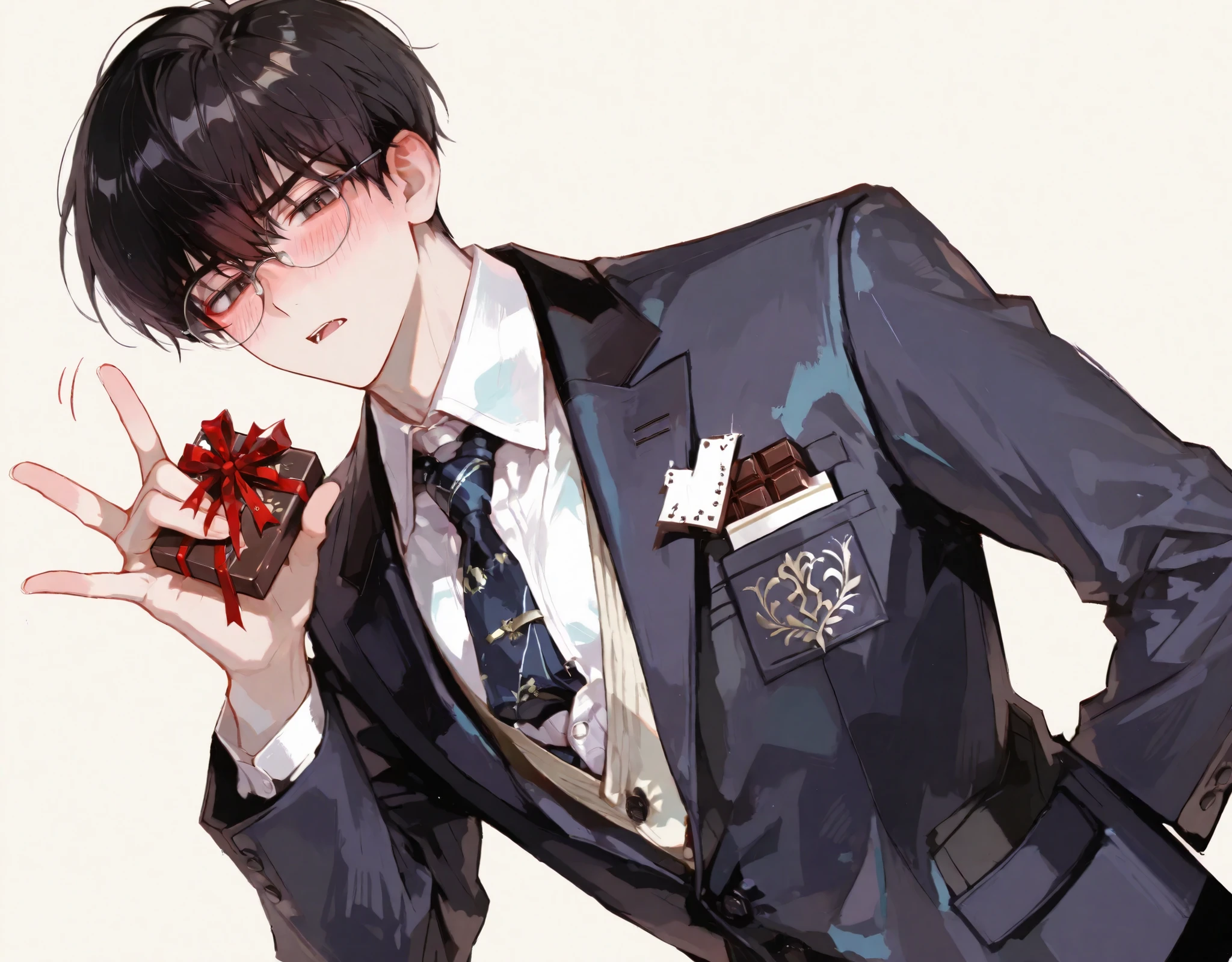 handsome young man in his early 20s, standing, half-body shot (chest up),
short neat black hair, round glasses, clean and calm appearance,
tsundere expression, slight blush, avoiding eye contact,
one hand pushing a chocolate gift box forward towards the viewer
(arm extended forward, offering gesture),
the other hand lightly adjusting his glasses,
wearing a neat school uniform (white shirt, tie, vest or blazer),
simple clean background, soft pastel colors,
subtle white day atmosphere, small red ribbons or chocolates around,
korean manhwa style, sharp lines, detailed shading, polished look