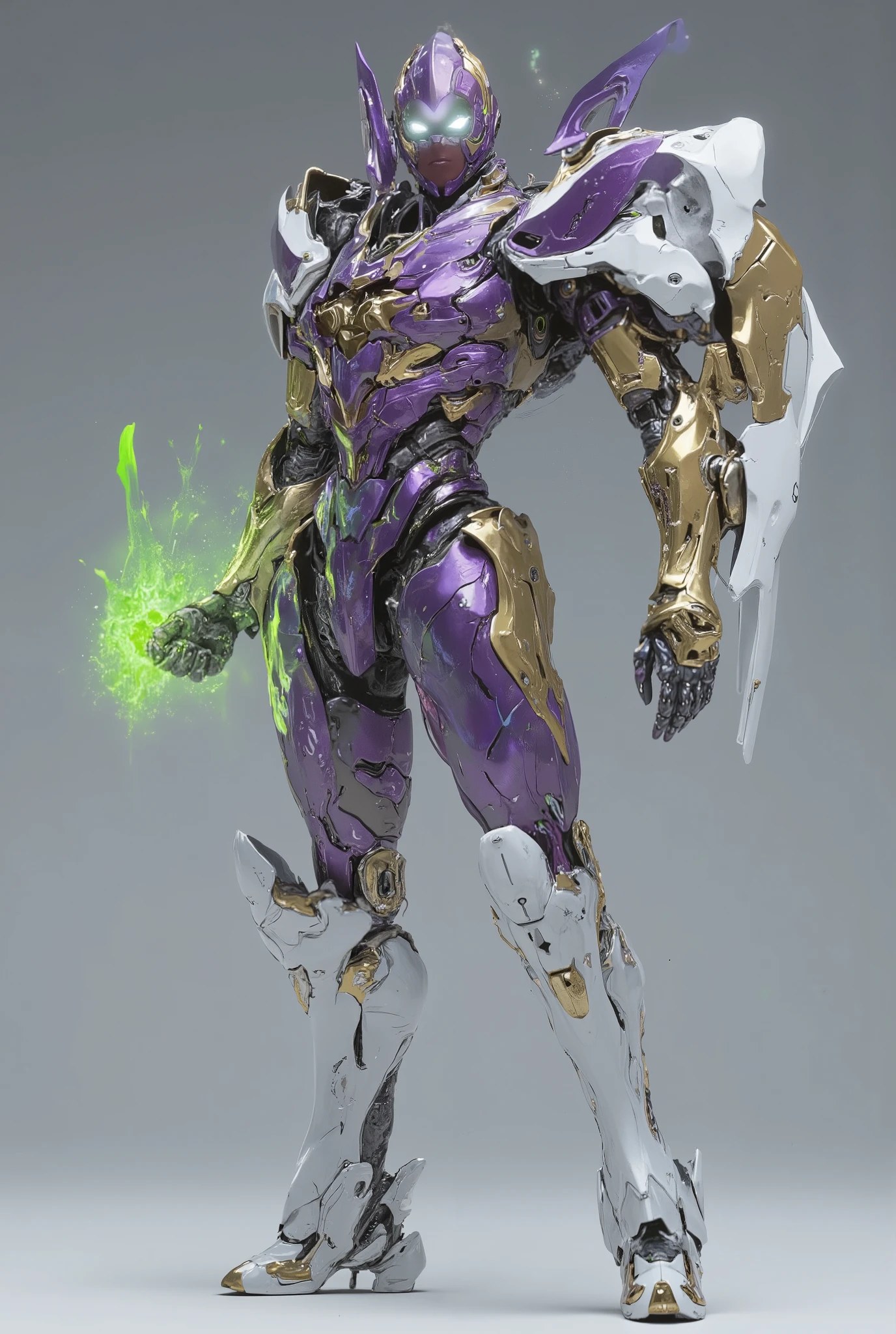 Masterpiece:1.2), best quality, high resolution, Unity 8K Wallpaper, (super real illustration:1.0), Beautiful Details, very detailed on trends, perfect lighting, neon colored, very detailed on trends CG, Shine eyes, backlit, armor, Shine, full_armor, warframe, stunning humanoid_robot lady, tall, (Martial arts fighting pose:1.5), mask ,sample_background, arms, scary monsters, iridescent purple and shiny golden and matt white_armor, Audience, alone, perspective, Anatomical accuracy, bold composition, cool fighting pose, Burning Fist, green fire, Exudes an aura