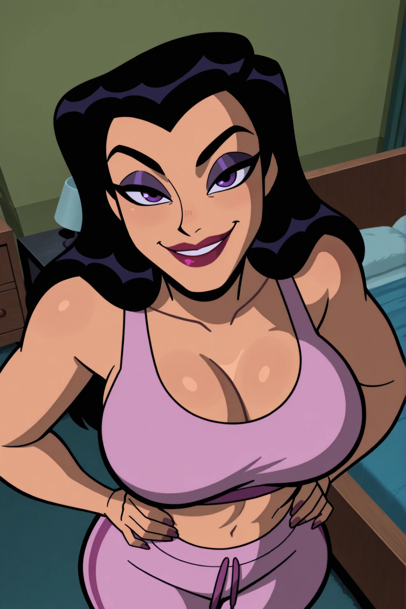 BREAK, score_8_up, score_7_up, score_6_up, score_9, h00nt33s 1girl, solo, long hair, , smile, black hair, purple eyes, makeup, lipstick, cleavage, curvy, athletic, looking at viewer, seducing viewer, teasing viewer, indoors, bedroom, standing,  expression, bedroom eyes, busty, pink sports bra, pink jogging pants, portrait, upper body, closeup, high-angle view, dark purple eyeshadow, black eyeliner, hands on waist 
