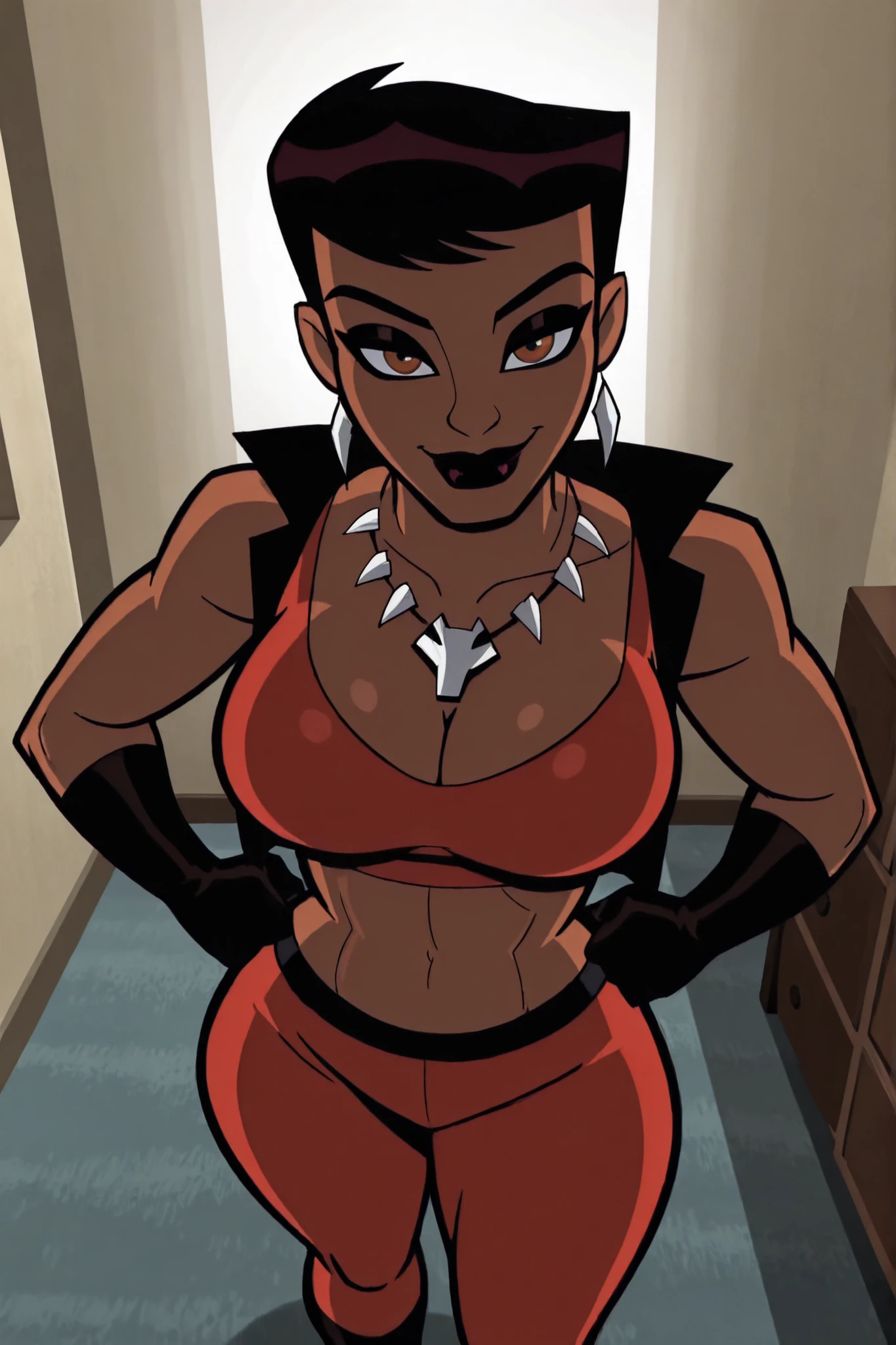 BREAK, score_6_up, score_7_up, score_8_up, score_9, masterpiece, best quality, dramatic lighting, intricate details, 1girl, solo, , cleavage, curvy, athletic, looking at viewer, seducing viewer, teasing viewer, smiling, closed mouth, expression, bedroom eyes, short hair, black hair, jewelry, necklace, colored skin, dark-skinned female, dark skin, muscular female, colored sclera, lipstick, makeup, v1x3n, standing, indoors, busty, crimson red sports bra, crimson red jogging pants, portrait, closeup, upper body, bedroom, high-angle view, black eyeshadow, black eyeliner, hands on waist