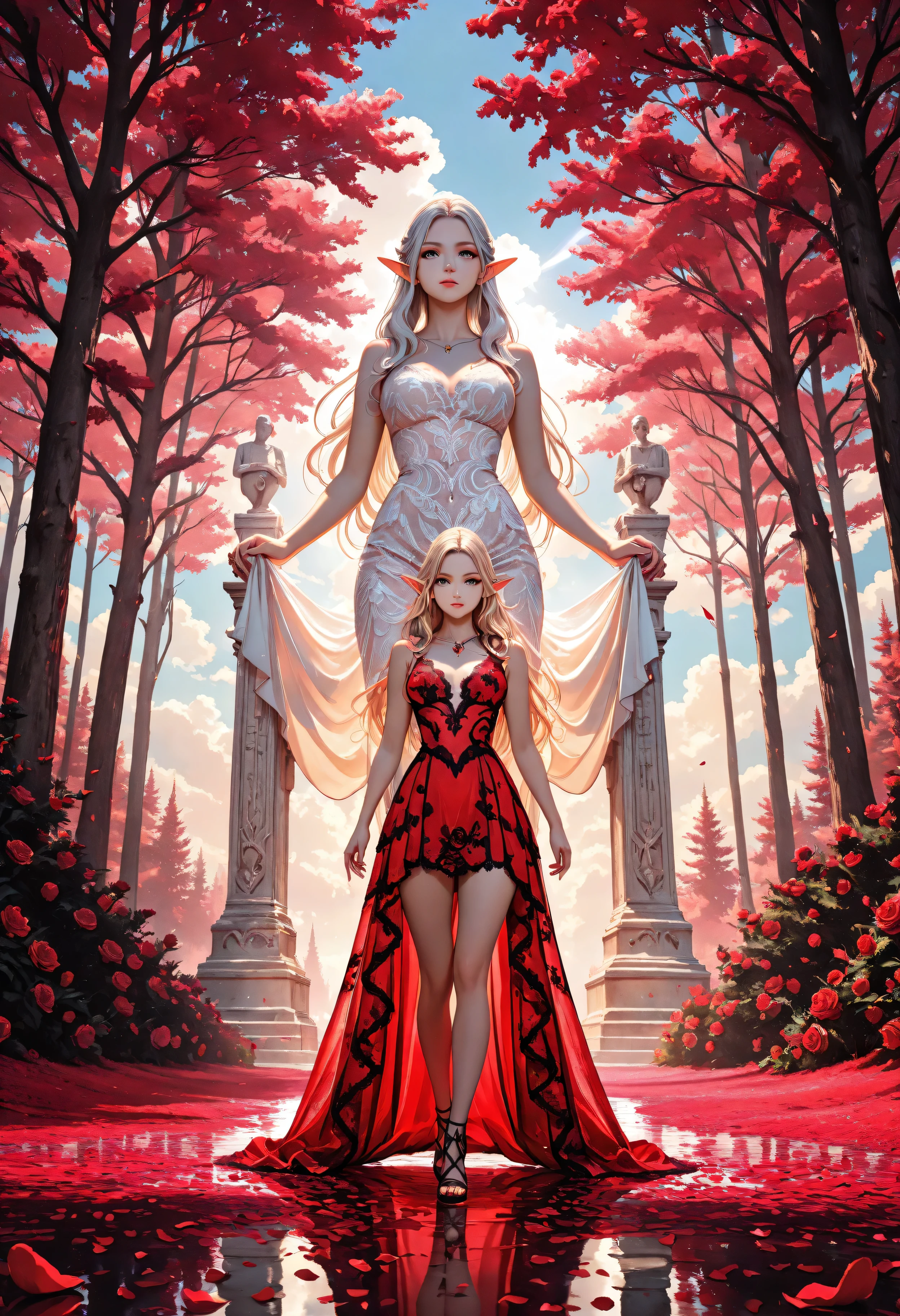 Movie Still,Film Still,Cinematic,Cinematic Shot,Cinematic Lighting,Aesthetic_PDXL, red petals falling from the sky on a beautiful female elf,  full body, long hair strands, wearing lace dress, colorful dress, standing in forest, cloud of red petals swirling around, epic flowing red petals, swirling rose petals, fantasy forest background, it is dawn the sun rays reflect on the ice statue, sun rays hit the rose petals, ((high contrast: 1.5), [[anatomically correct]], high details, best quality, 8k, [ultra detailed], masterpiece, best quality, (extremely detailed), dynamic angle, intricate details, FAIstyle