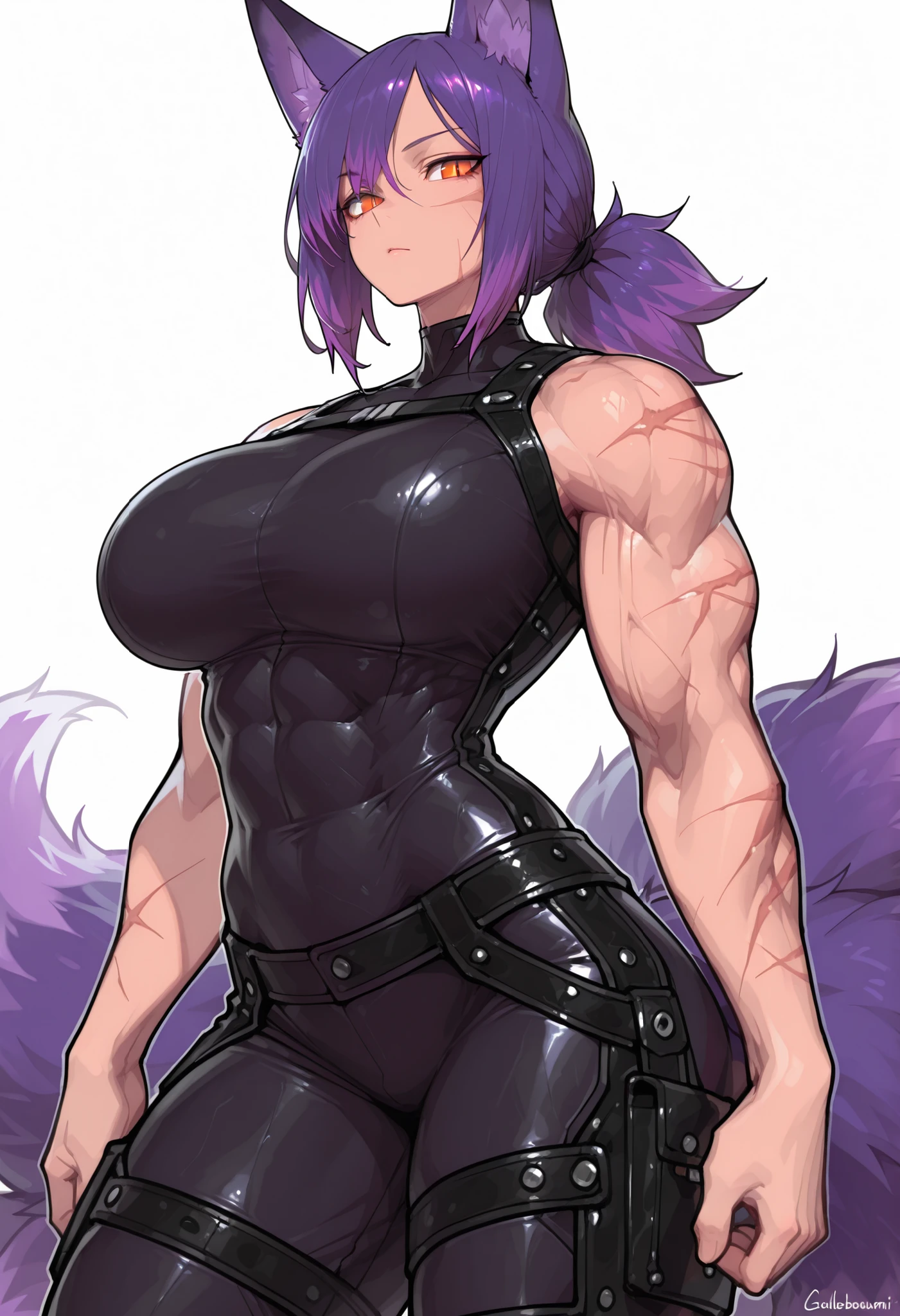 gorgeous kitsune girl, beautiful face, kitsune, purple color hair, hunter girl, orange eyes, slit pupils, detailed eyes, personalami style, volputrous body, covered breasts, curvy and athletic, kitsune ears, hair tied in a ponytail, lean muscles, black bodysuit, pants, leather armor, bare arms and neck, scars on arms, light abs, calm, lean but muscular arms and legs, athletic body, kitsune ears, dominant expression, masterpiece, ultra definition, simple white background, fantasy character, detailed face, mystical atmosphere, dynamic combat pose