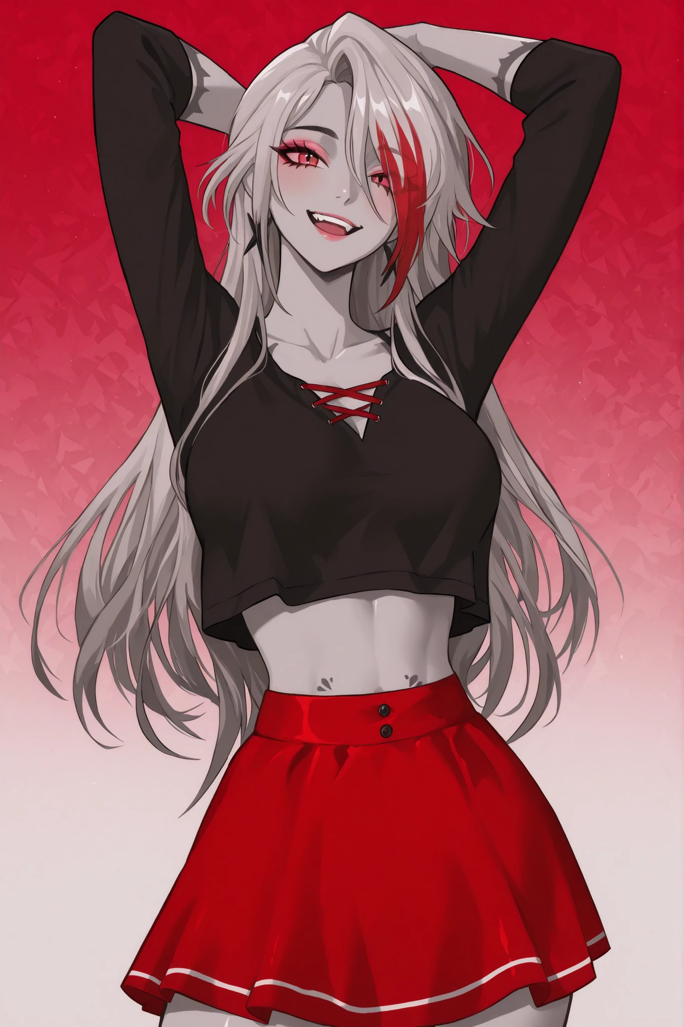 A stylized cartoon vaggie character stands out with a confident and playful posture, with an attractive design. O personagem tem um, flowing hair with gray gradients, adding a sense of movement and volume. A large red 'X' covers the right eye, contrasting sharply against the white of her hair and gray skin, suggesting a mysterious or rebellious personality. The left eye is highlighted with a pink eyeshadow vivid, and the expression is one of mischievous pleasure, accented by a smile full of teeth. She wears a black blouse fitted with a cut on the belly, paired with a short, vibrant red skirt, emphasizing a bold and modern fashion sense. The character's arms are positioned behind the head, further highlighting the relaxed, Still dynamic pose. The minimalist background helps focus attention on the character's impressive color palette and expressive design, with the best quality, best effects and with the best HD resolution, five-star graphic quality., changes the graphic design to an anime one