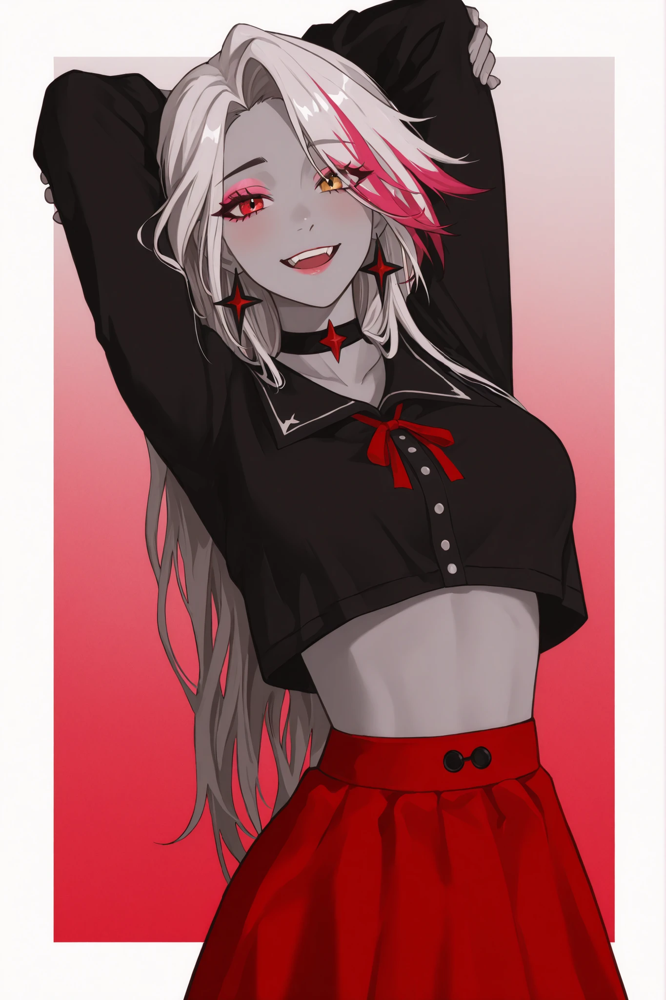 A stylized cartoon vaggie character stands out with a confident and playful posture, with an attractive design. O personagem tem um, flowing hair with gray gradients, adding a sense of movement and volume. A large red 'X' covers the right eye, contrasting sharply against the white of her hair and gray skin, suggesting a mysterious or rebellious personality. The left eye is highlighted with a pink eyeshadow vivid, and the expression is one of mischievous pleasure, accented by a smile full of teeth. She wears a black blouse fitted with a cut on the belly, paired with a short, vibrant red skirt, emphasizing a bold and modern fashion sense. The character's arms are positioned behind the head, further highlighting the relaxed, Still dynamic pose. The minimalist background helps focus attention on the character's impressive color palette and expressive design, with the best quality, best effects and with the best HD resolution, five-star graphic quality., changes the graphic design to an anime one
