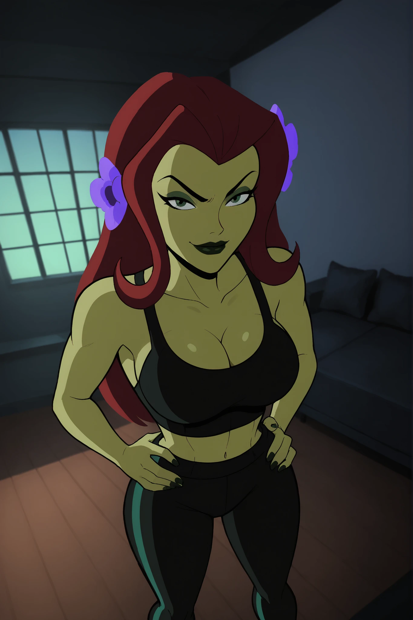 2d, score_9, score_8_up, score_7_up, score_6_up, flower, BREAK, 1girl, solo, standing, red hair, PIVYbatb, green skin, cleavage, curvy, athletic, makeup, smile, closed mouth, , long hair, black lips, hair ornament, expression, bedroom eyes, looking at viewer, seducing viewer, teasing viewer, busty, black sports bra, black jogging pants, indoors, bedroom, standing, high-angle view, dark green eyeshadow, black eyeliner, closeup, portrait, upper body, hands on waist