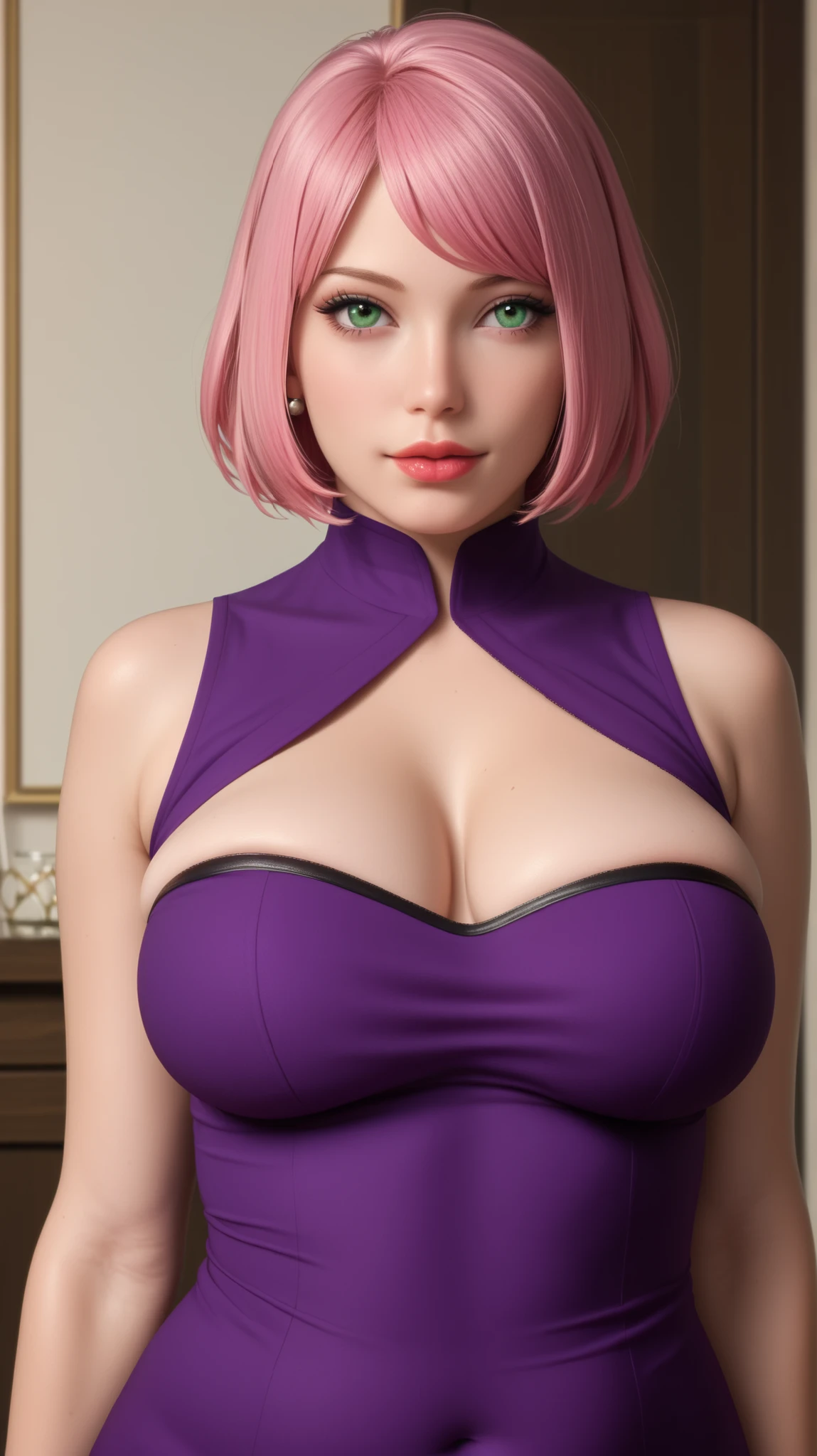 a photo Hyper-Realistic Ultra HD, The image showcases an incredibly realistic 4K photorealistic resolution, highlighting her captivating presence and a mesmerizing physique. leaving you entranced by the seamless fusion of artistry and supreme realism. looking straight into the frame, looking at viewer,sharp focus; frame, sharp focus ;eerily realistic, visual realism (Every imperfection and detail of her skin is captured -+ details Ultra hd. a professional movie photograph of, best quality, high quality, facing forward,  Beautiful little red lips, 
Define each part of her body imperfections.
The image showcases an incredibly realistic 4K photorealistic resolution, highlighting (makeup, mascara:1.1), lips,(thick\lips\), 1 girl sakura haruno, short hair, (green eyes:0.8), pink hair, (parted bangs:1.5, vest, unzipped , huge breast, (upper body:1.2), Spinning with dress flared out, (busty:1.1) , (chubby:0.1),(beautifully lit:1.2), Strapless Bandeau Tube Bra – Lightly Padded Seamless Wireless Bralette  Bra/Breast Size, 34 inches ; Waist Size, 28 inches ; Hip Size, 330inches.,,ultrarealist, intricate details,image of plus size curvy thick milf bbw Goddess looking at the viewer、 clrose up shot, full half body, thick legs, 