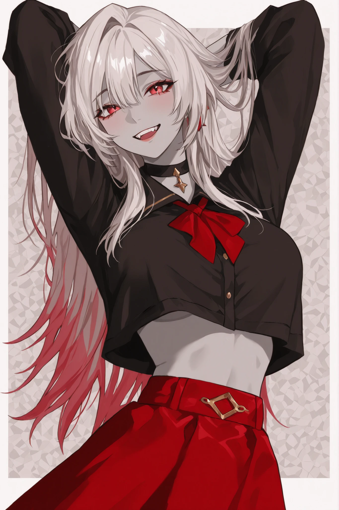A stylized cartoon vaggie character stands out with a confident and playful posture, with an attractive design. O personagem tem um, flowing hair with gray gradients, adding a sense of movement and volume. A large red 'X' covers the right eye, contrasting sharply against the white of her hair and gray skin, suggesting a mysterious or rebellious personality. The left eye is gold highlighted with a vivid pink shade, and the expression is one of mischievous pleasure, accented by a smile full of teeth. She wears a black blouse fitted with a cut on the belly, paired with a short, vibrant red skirt, emphasizing a bold and modern fashion sense. The character's arms are positioned behind the head, further highlighting the relaxed, Still dynamic pose. The minimalist background helps focus attention on the character's impressive color palette and expressive design, with the best quality, best effects and with the best HD resolution, five-star graphic quality., changes the graphic design to an anime one